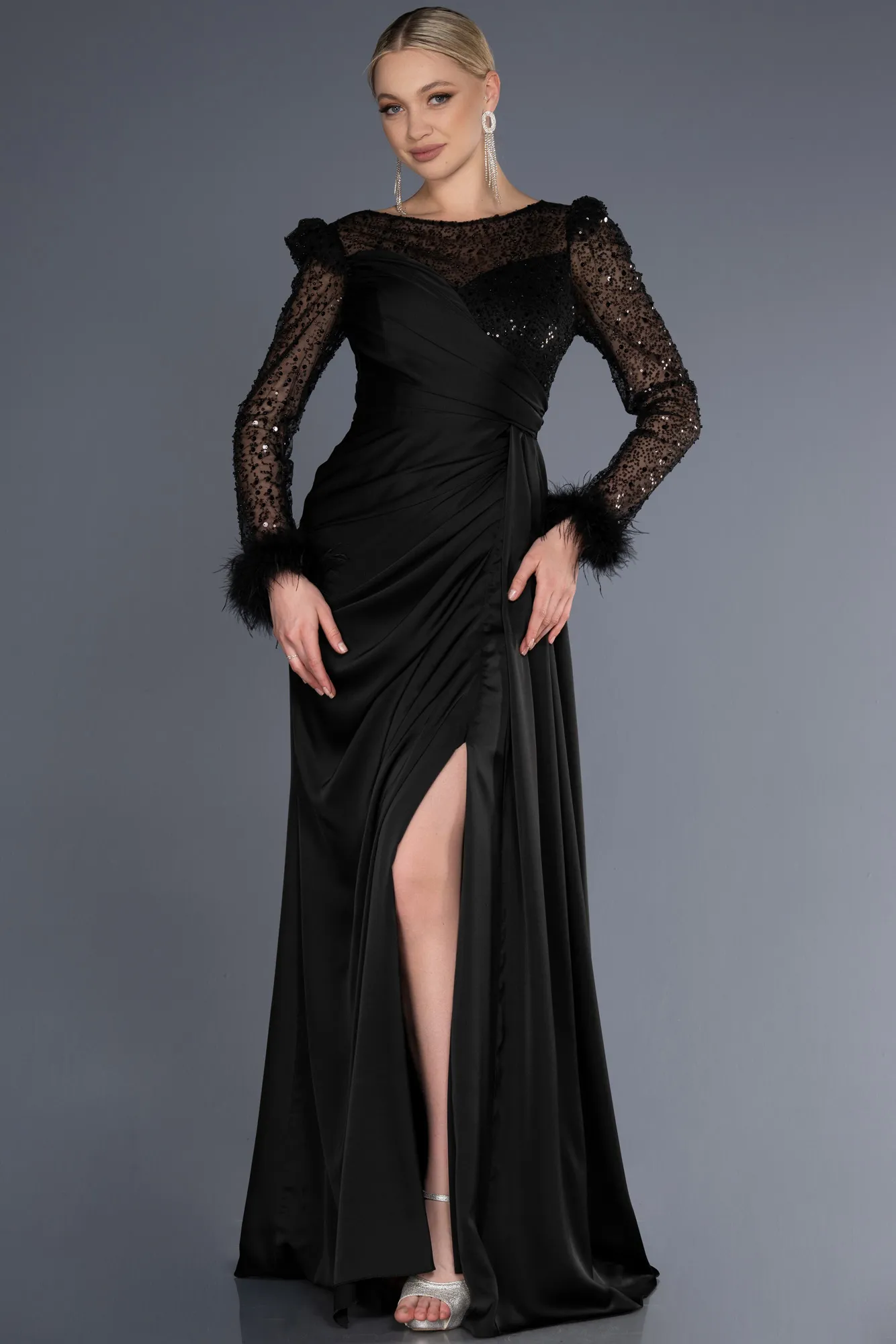 Black-Long Satin Evening Dress ABU3673