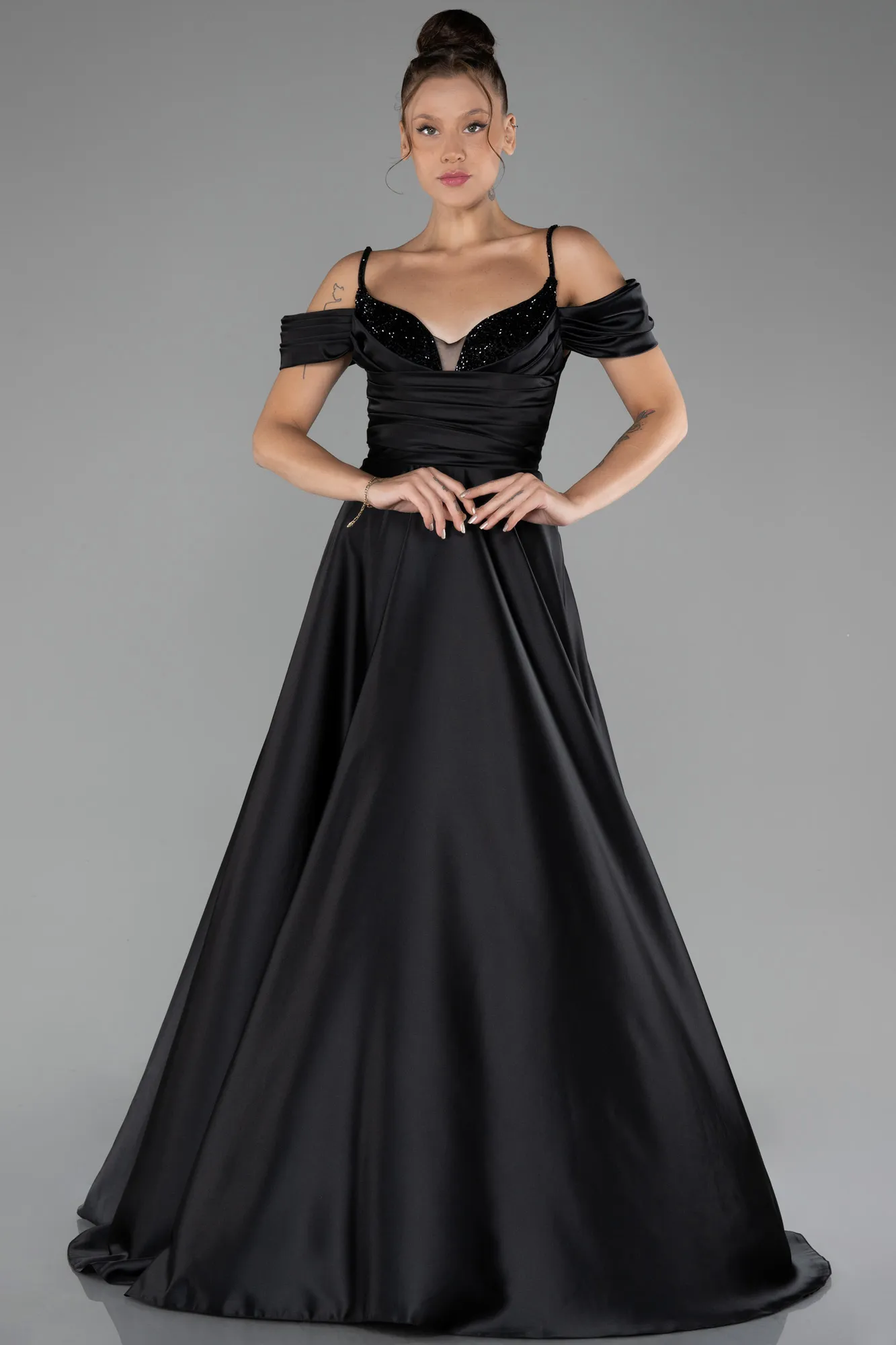 Black-Long Satin Evening Dress ABU3678