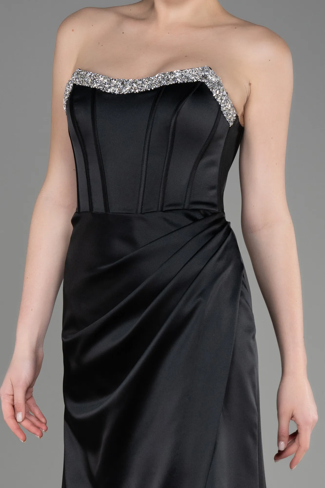 Black-Long Satin Evening Dress ABU3706