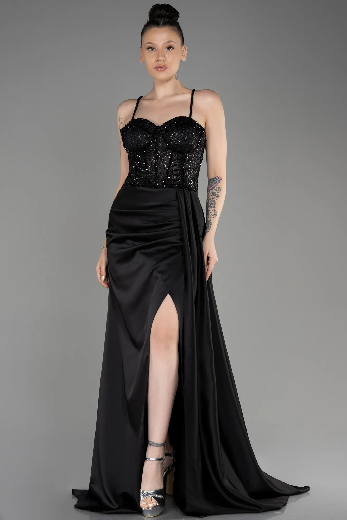 Black-Long Satin Evening Dress ABU3875