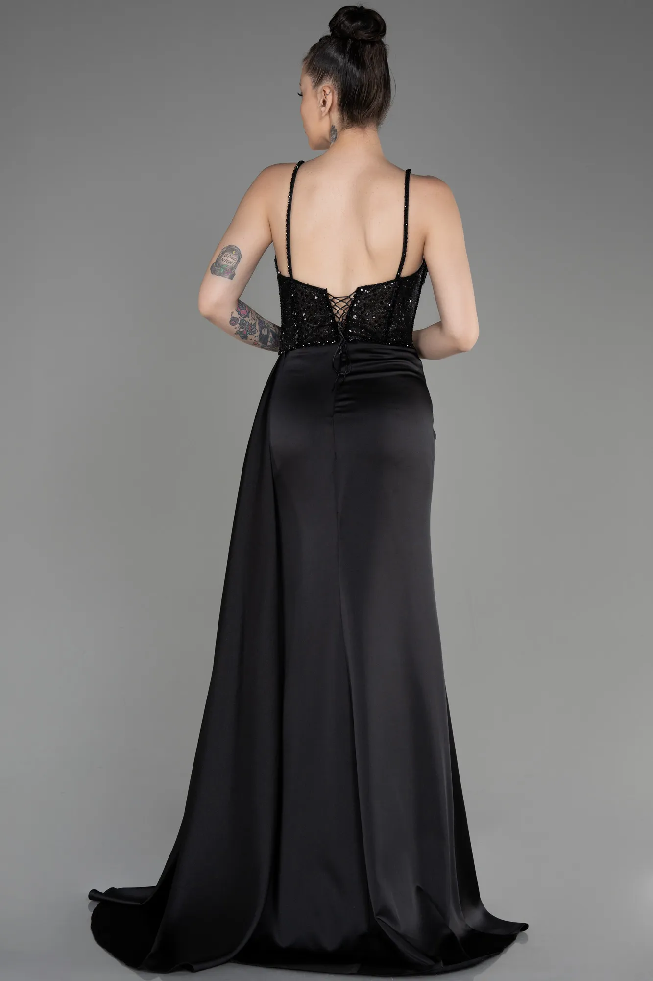 Black-Long Satin Evening Dress ABU3875