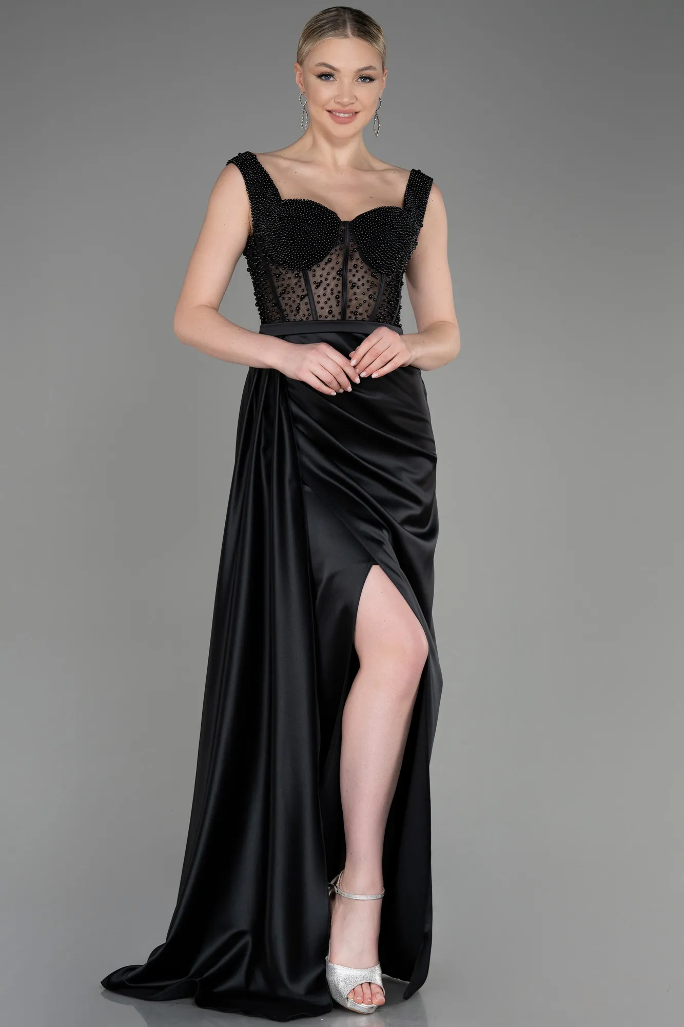 Black-Long Satin Evening Dress ABU3877