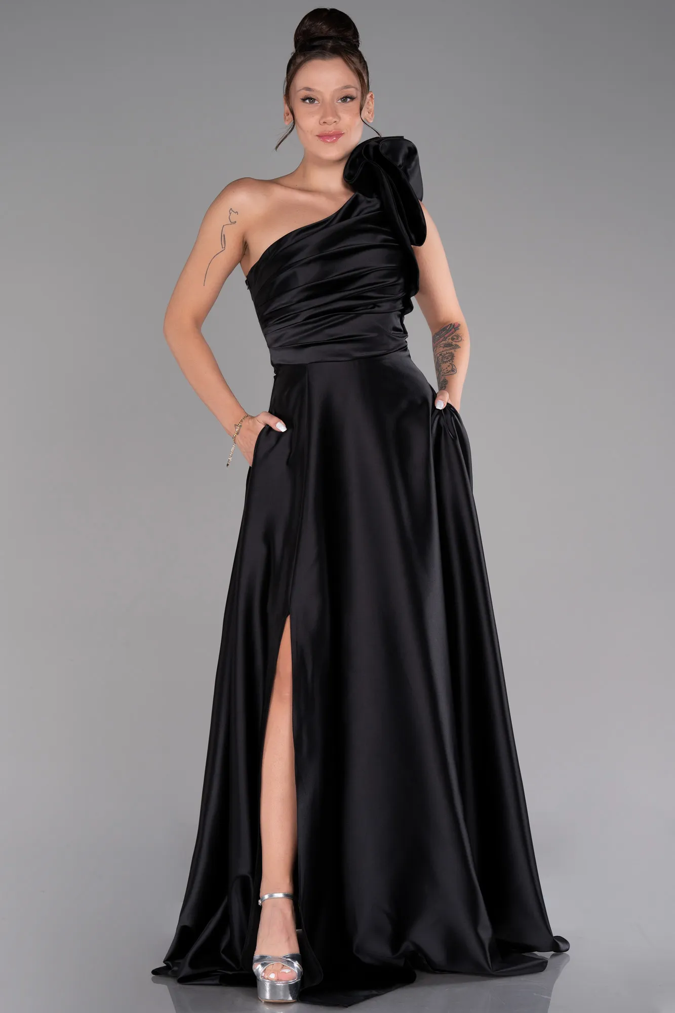 Black-Long Satin Evening Dress ABU4189