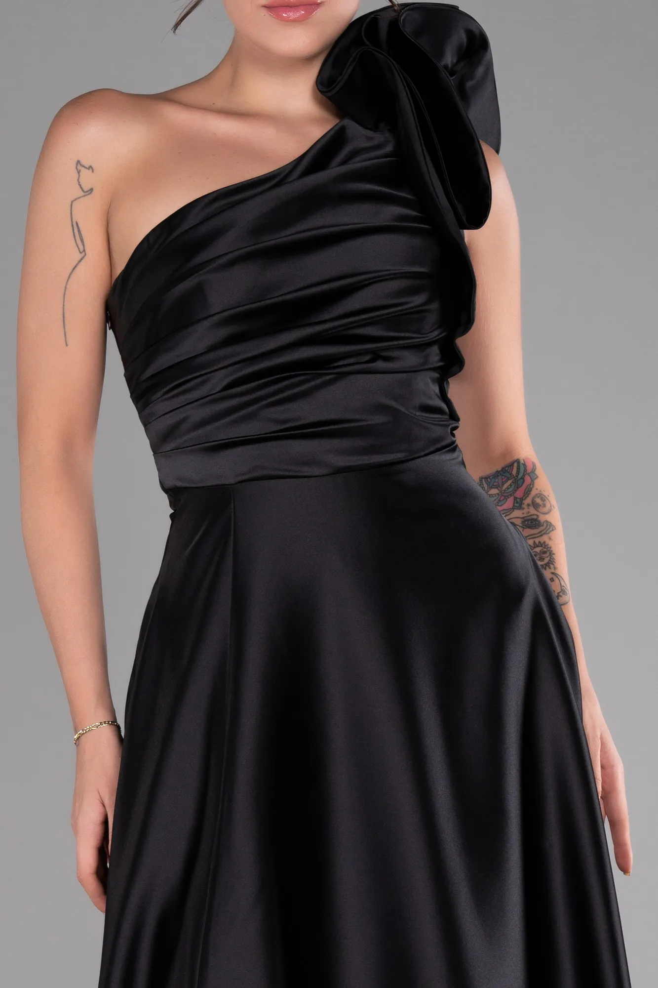 Black-Long Satin Evening Dress ABU4189