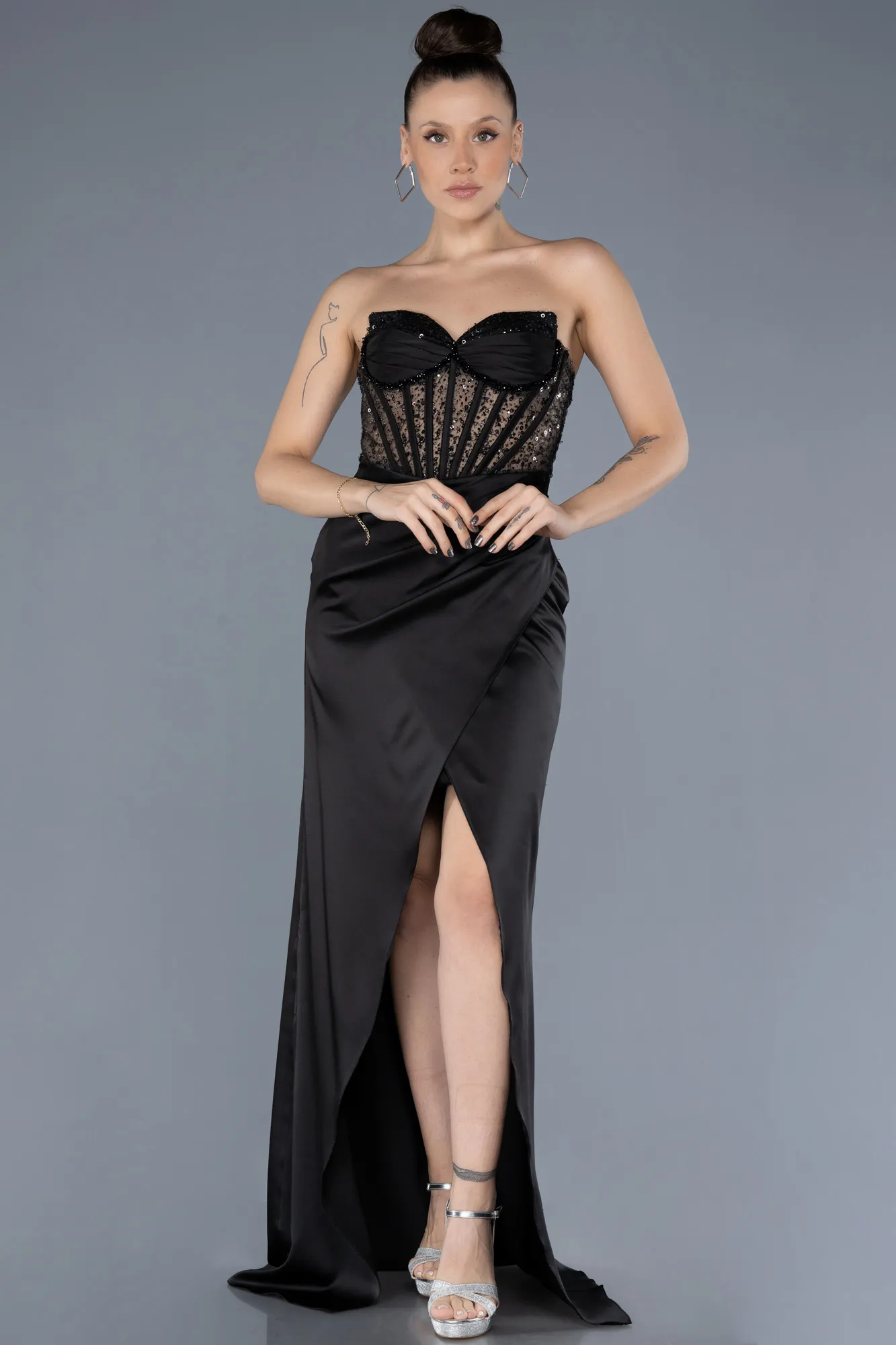 Black-Long Satin Evening Dress ABU4568