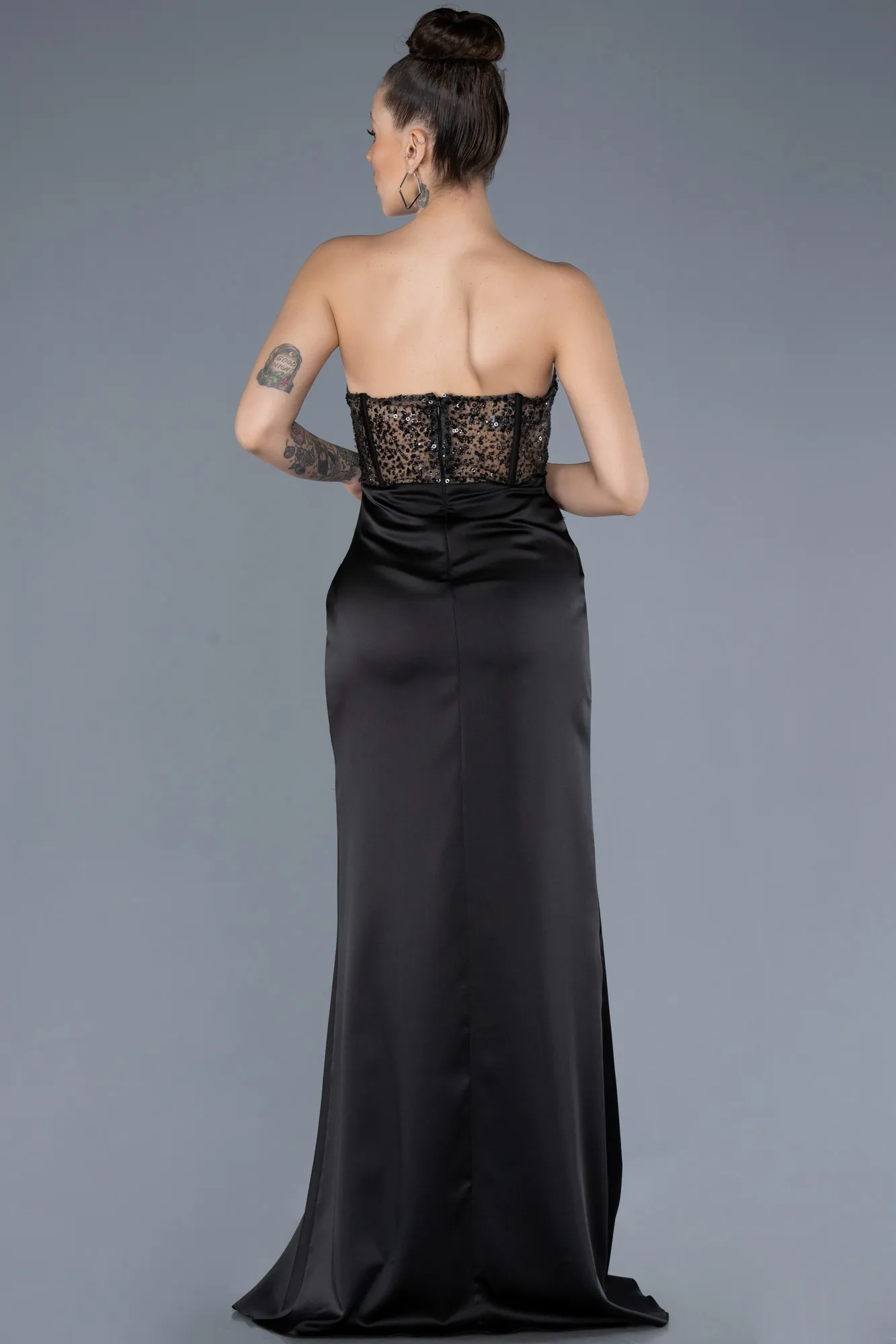 Black-Long Satin Evening Dress ABU4568