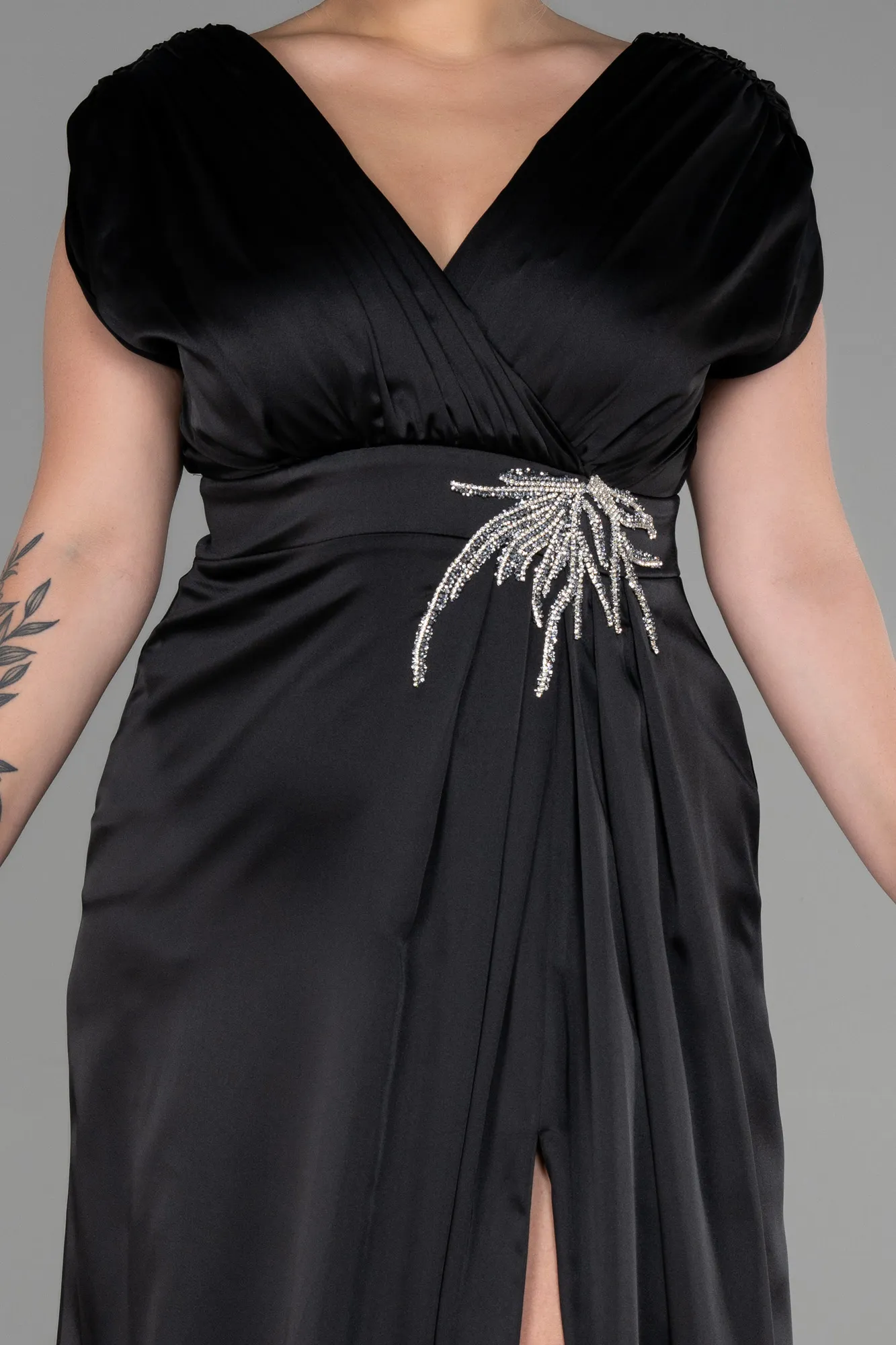 Black-Long Satin Plus Size Engagement Dress ABU3433