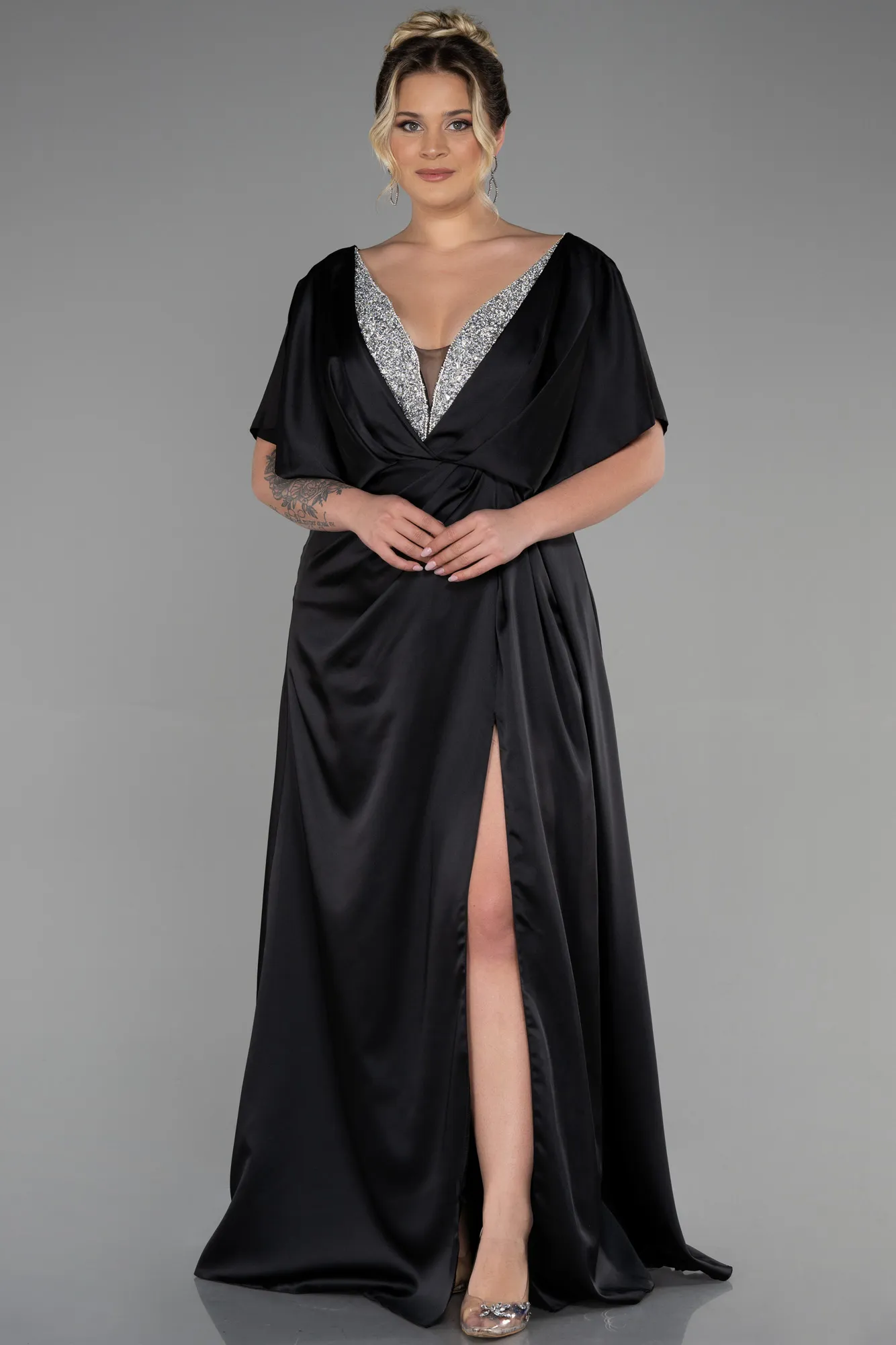 Black-Long Satin Plus Size Engagement Dress ABU3442