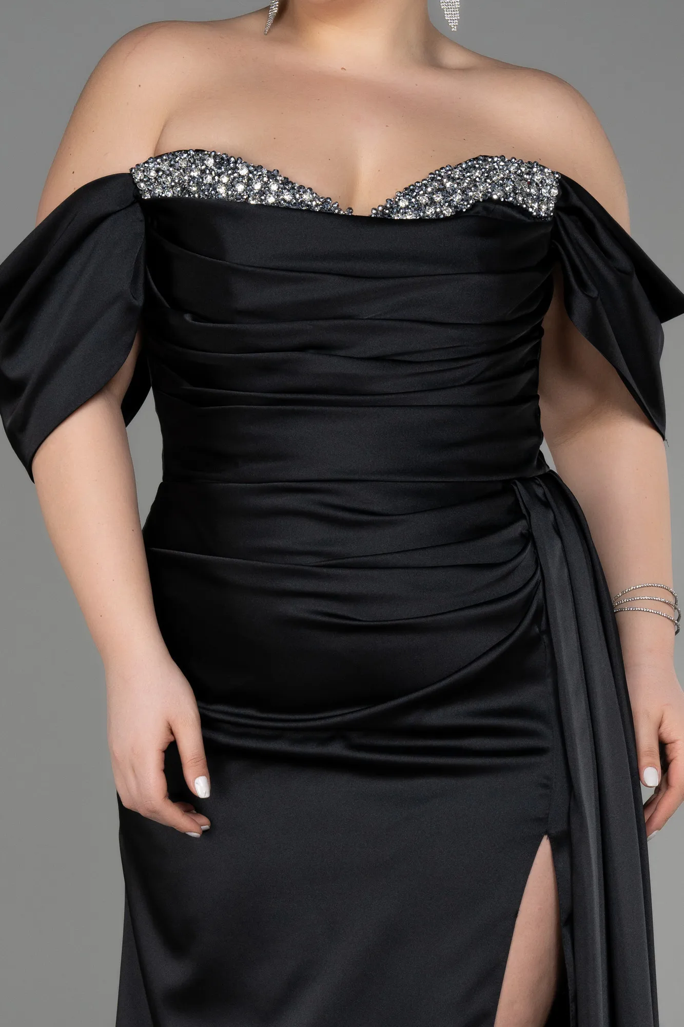 Black-Long Satin Plus Size Engagement Dress ABU3655