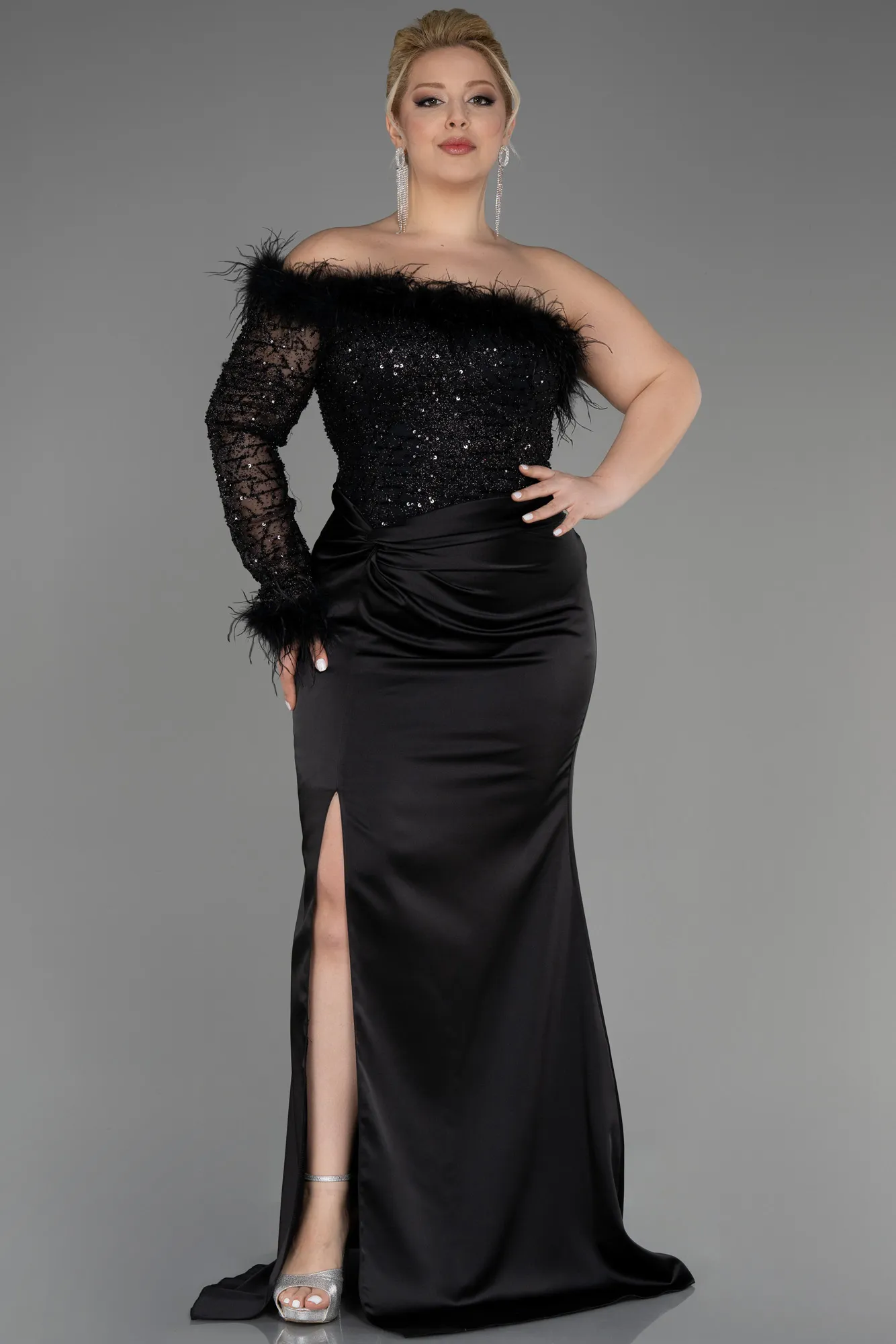 Black-Long Satin Plus Size Engagement Dress ABU3741