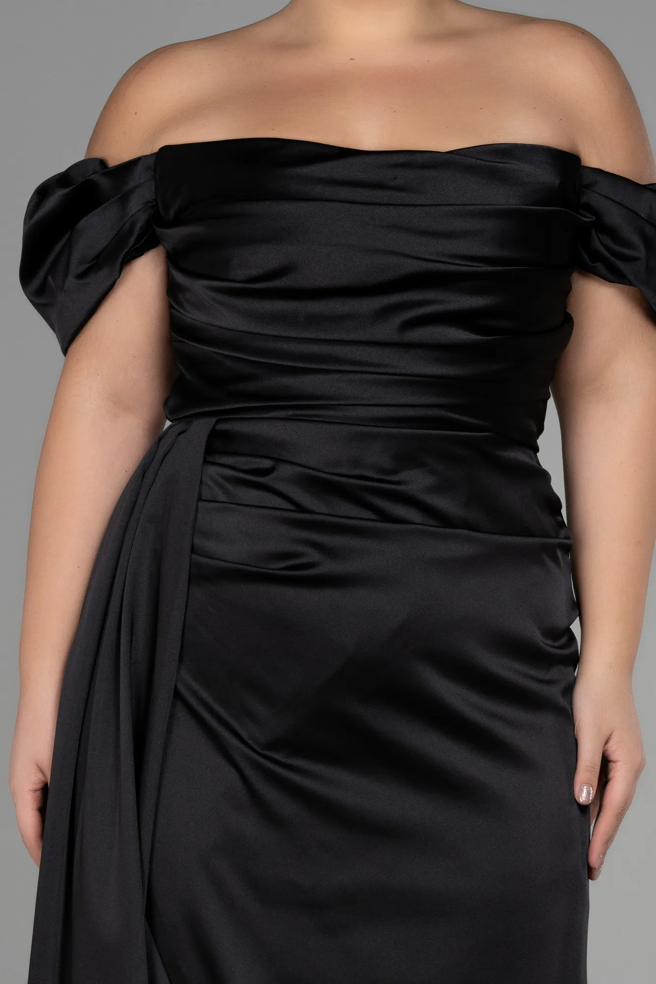 Black-Long Satin Plus Size Evening Dress ABU1626