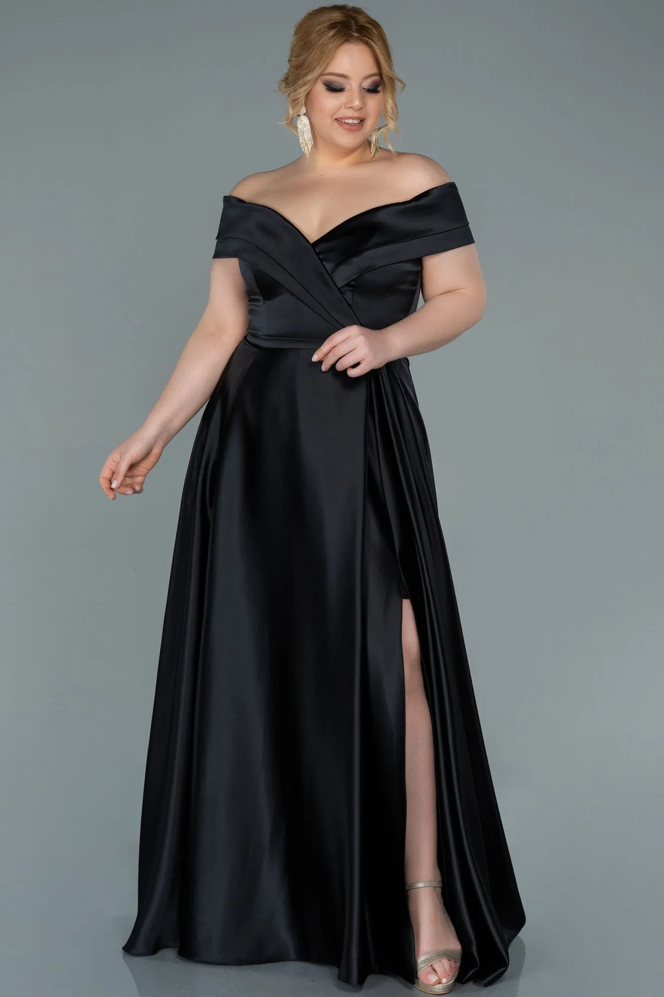 Black-Long Satin Plus Size Evening Dress ABU2355