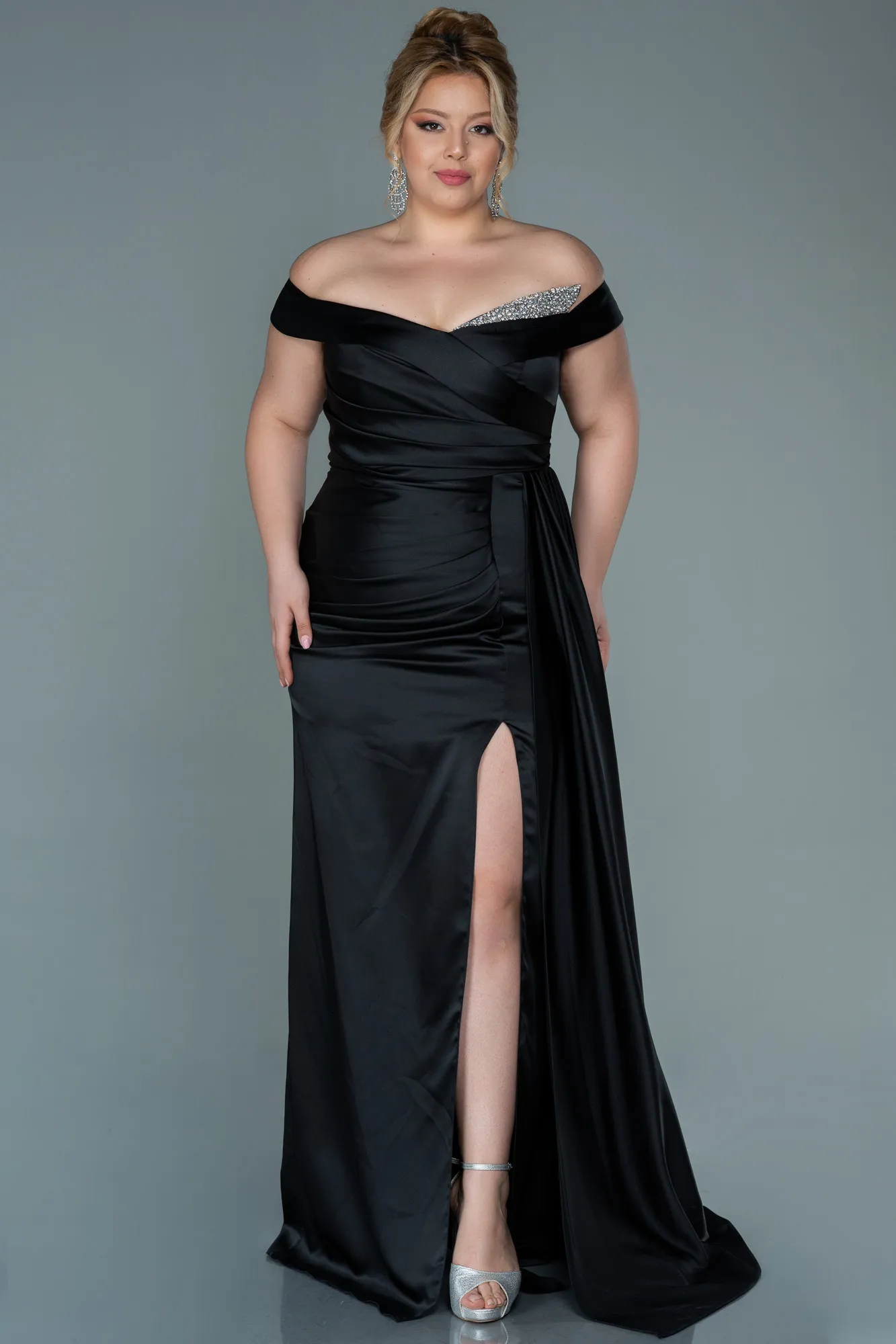 Black-Long Satin Plus Size Evening Dress ABU2561