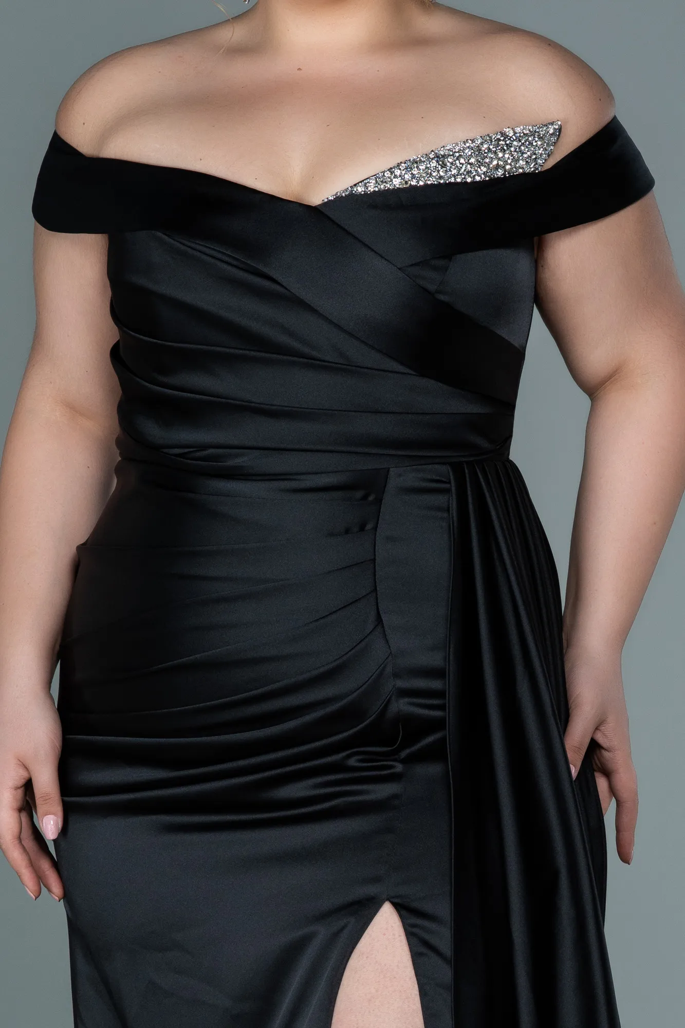 Black-Long Satin Plus Size Evening Dress ABU2561