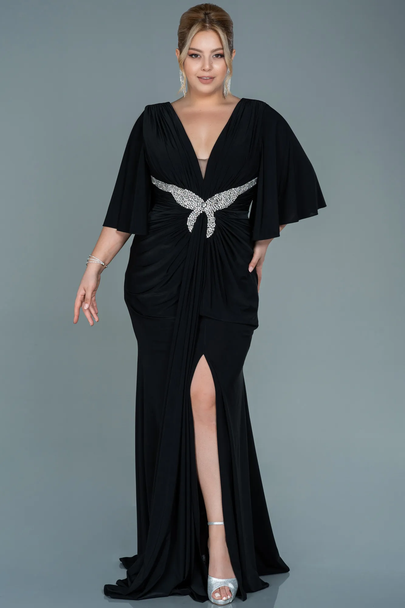Black-Long Satin Plus Size Evening Dress ABU2646