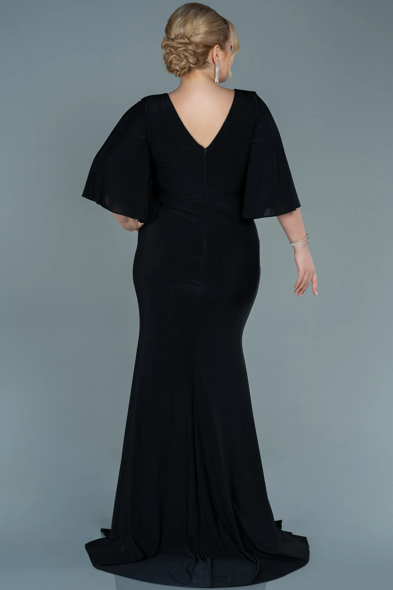 Black-Long Satin Plus Size Evening Dress ABU2646