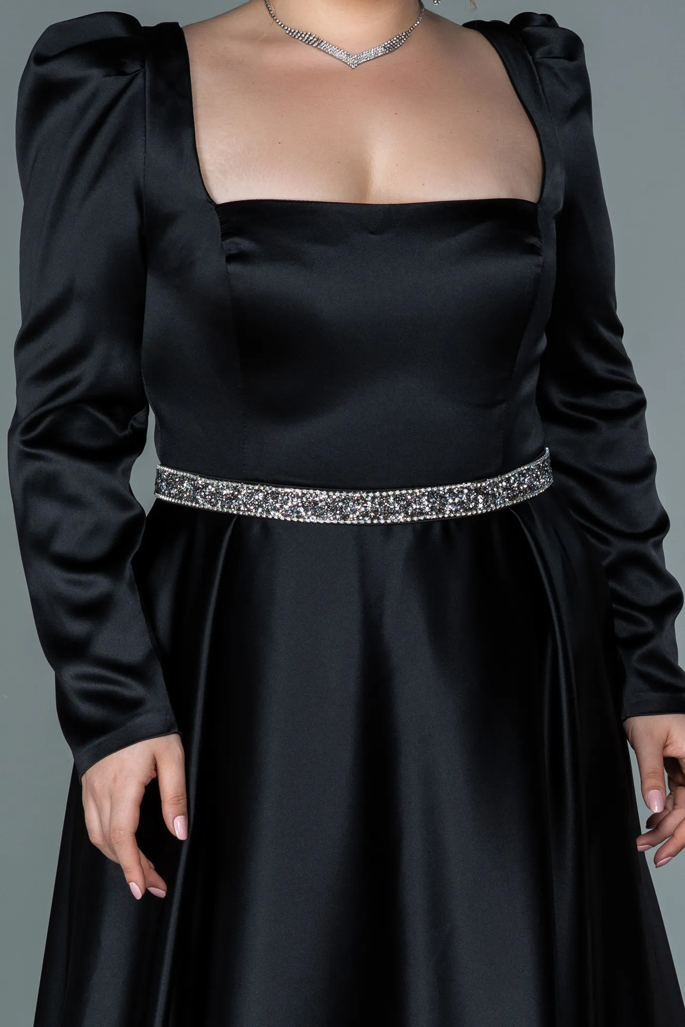 Black-Long Satin Plus Size Evening Dress ABU2684