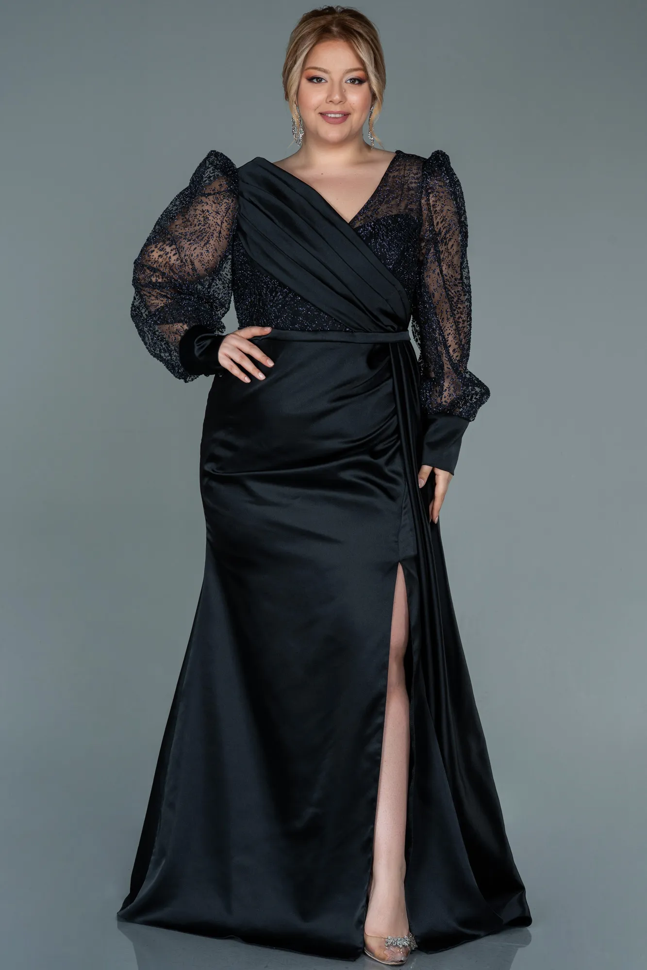 Black-Long Satin Plus Size Evening Dress ABU2759