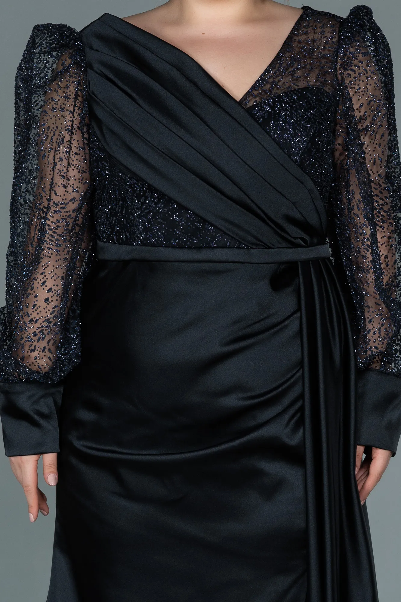 Black-Long Satin Plus Size Evening Dress ABU2759