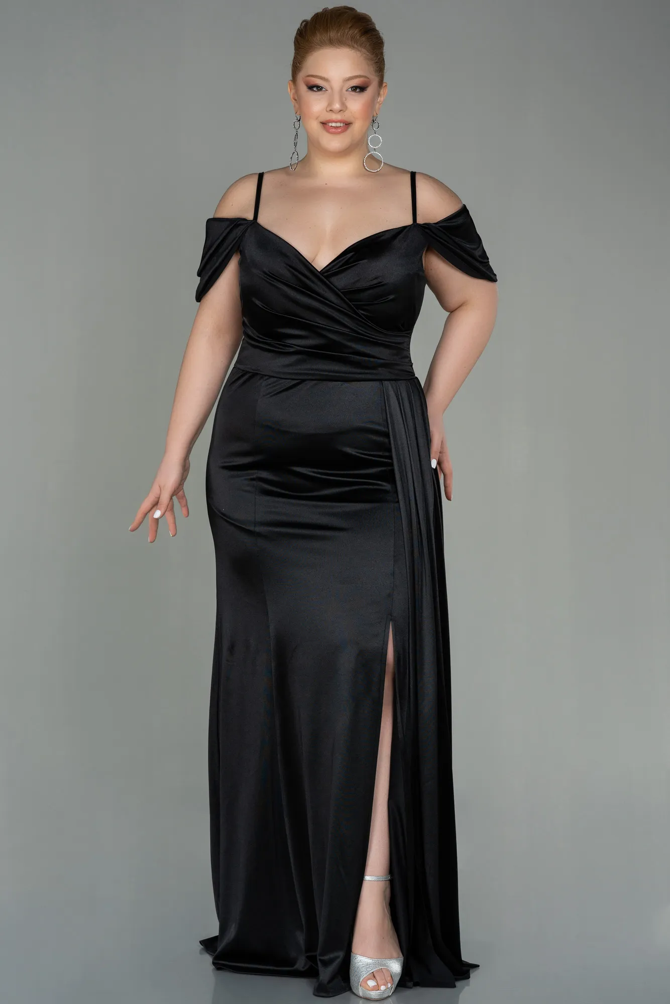 Black-Long Satin Plus Size Evening Dress ABU2855