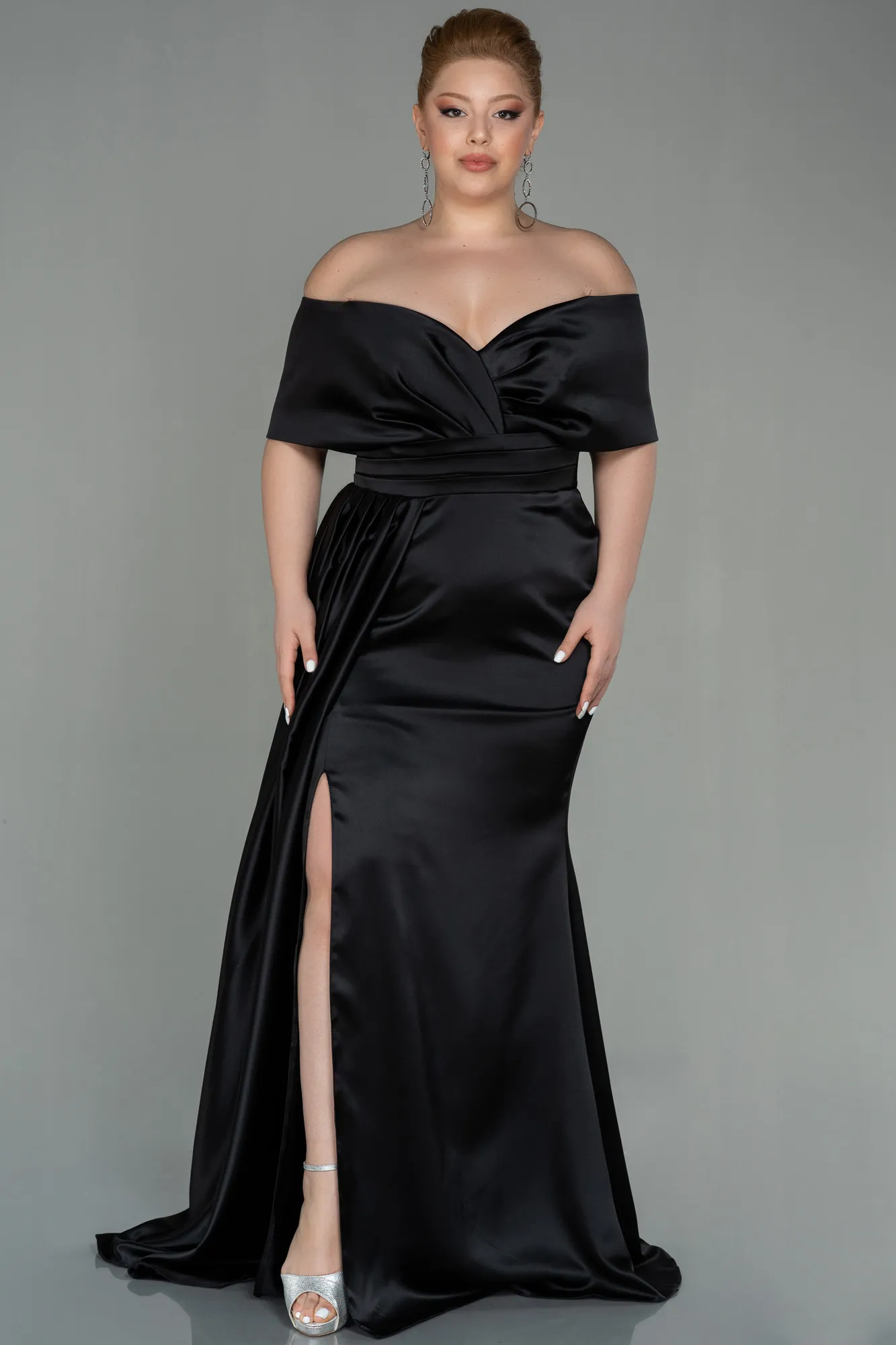 Black-Long Satin Plus Size Evening Dress ABU2873