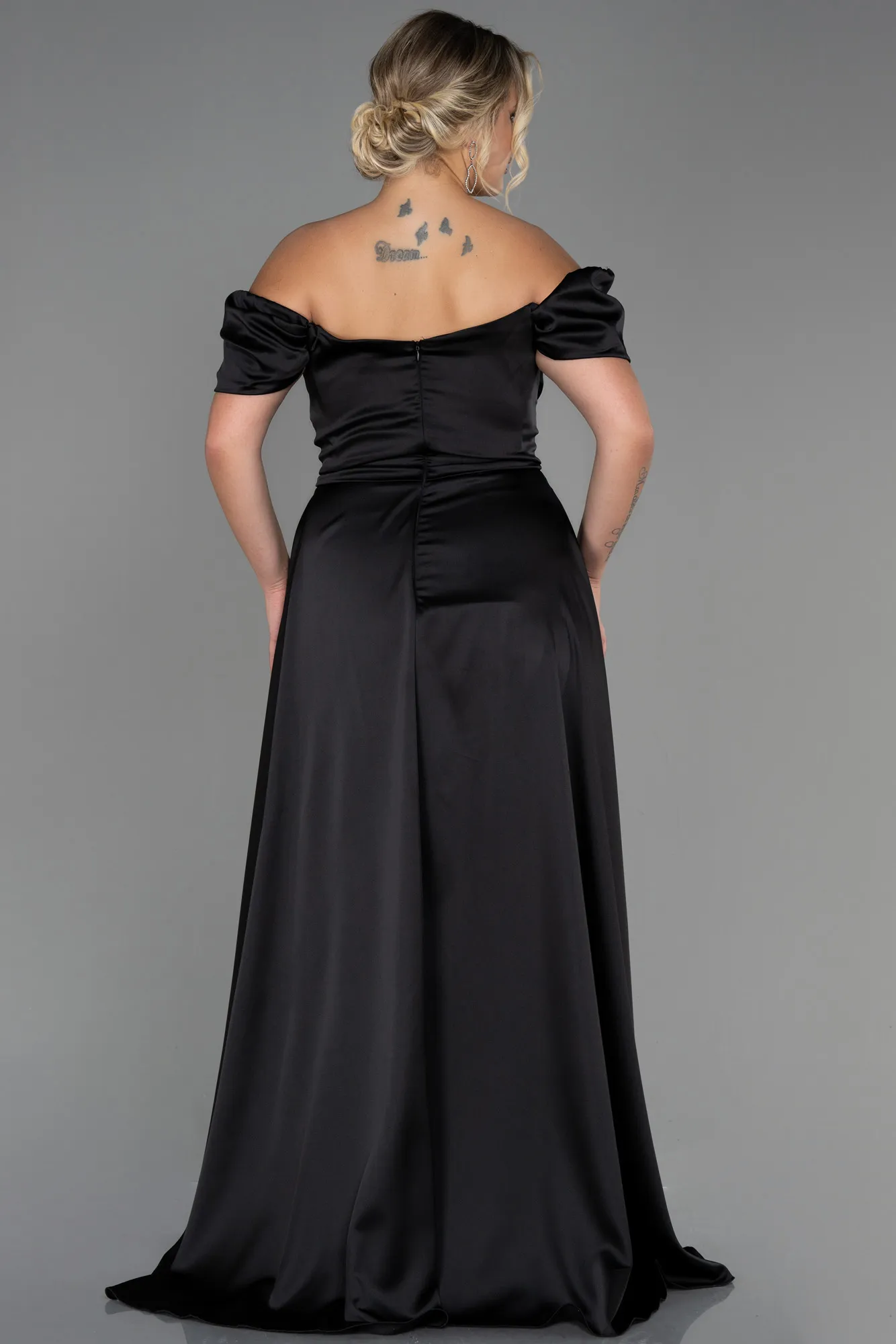 Black-Long Satin Plus Size Evening Dress ABU2923