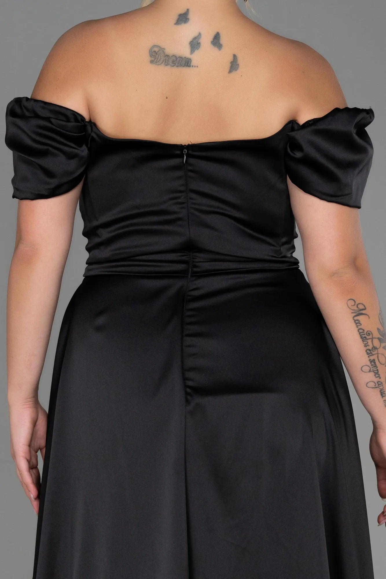 Black-Long Satin Plus Size Evening Dress ABU2923