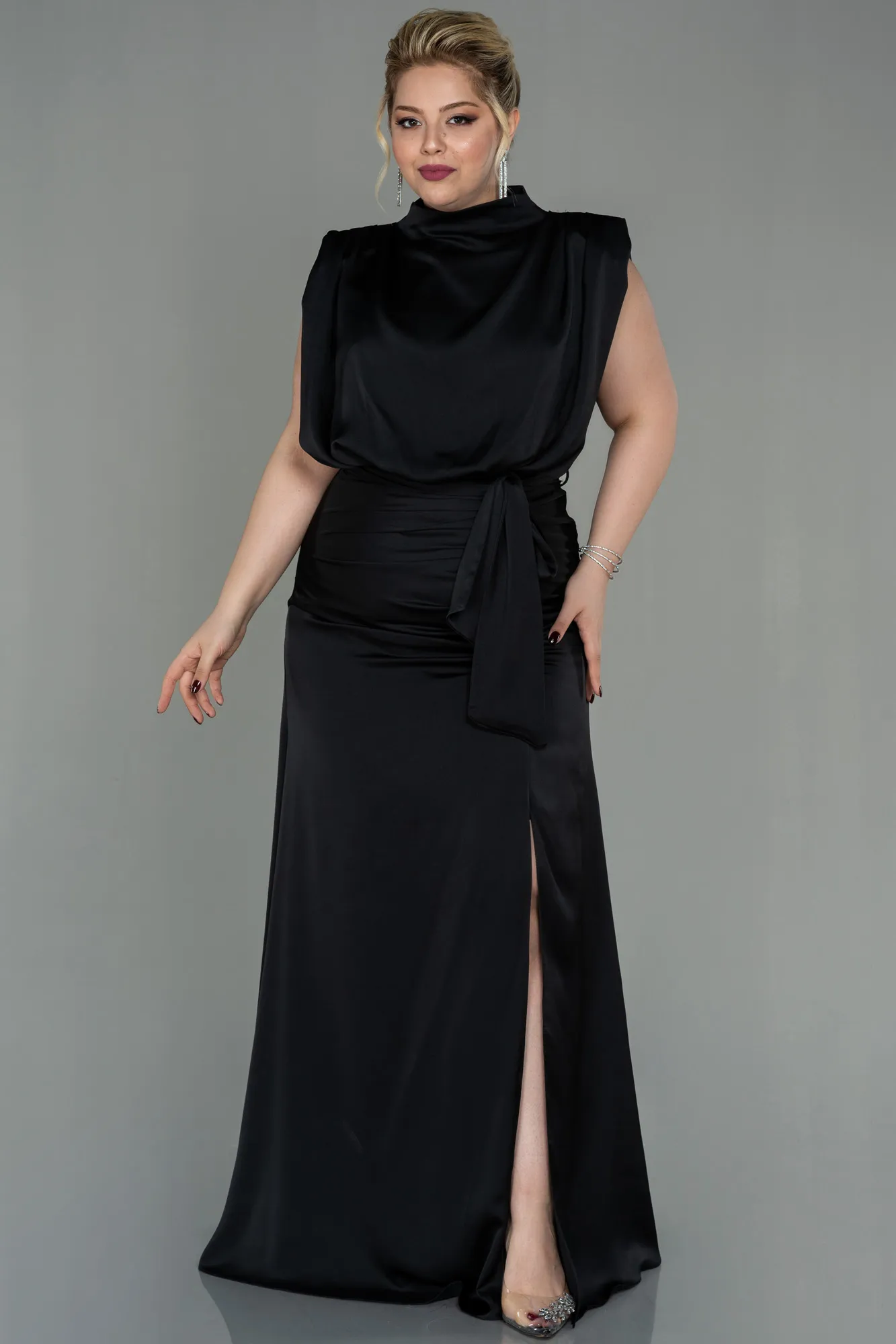 Black-Long Satin Plus Size Evening Dress ABU2969