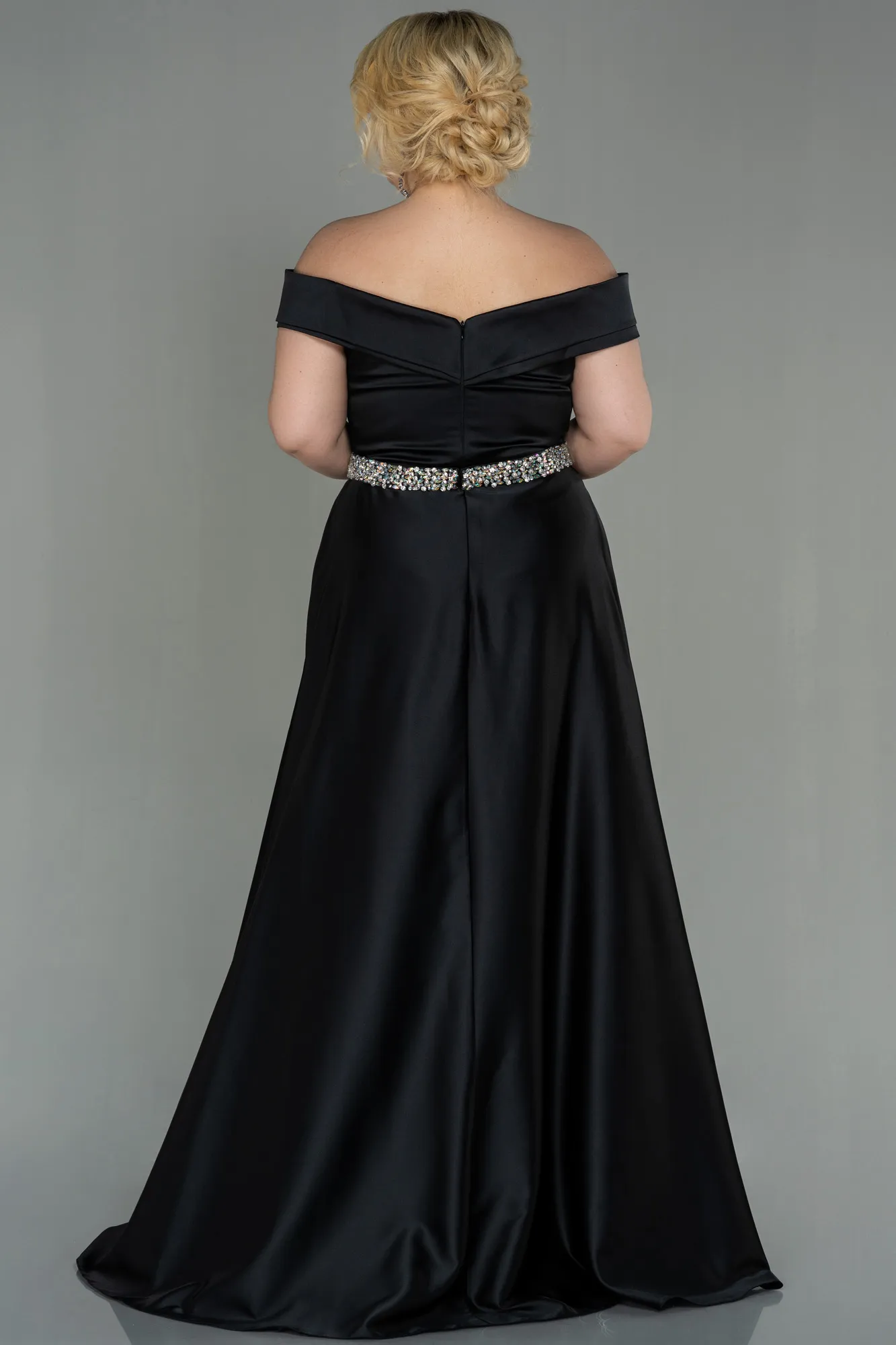 Black-Long Satin Plus Size Evening Dress ABU3017