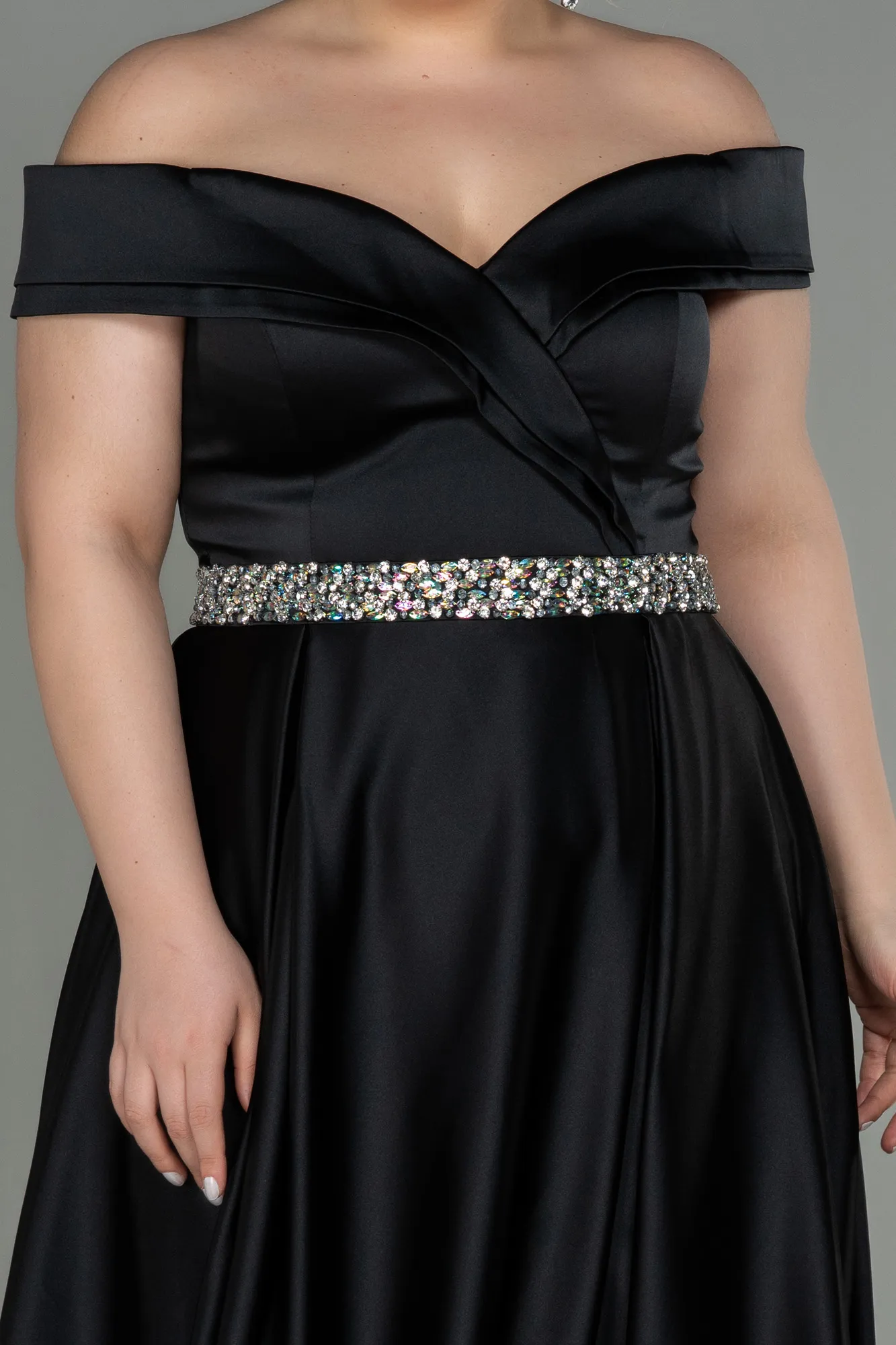 Black-Long Satin Plus Size Evening Dress ABU3017
