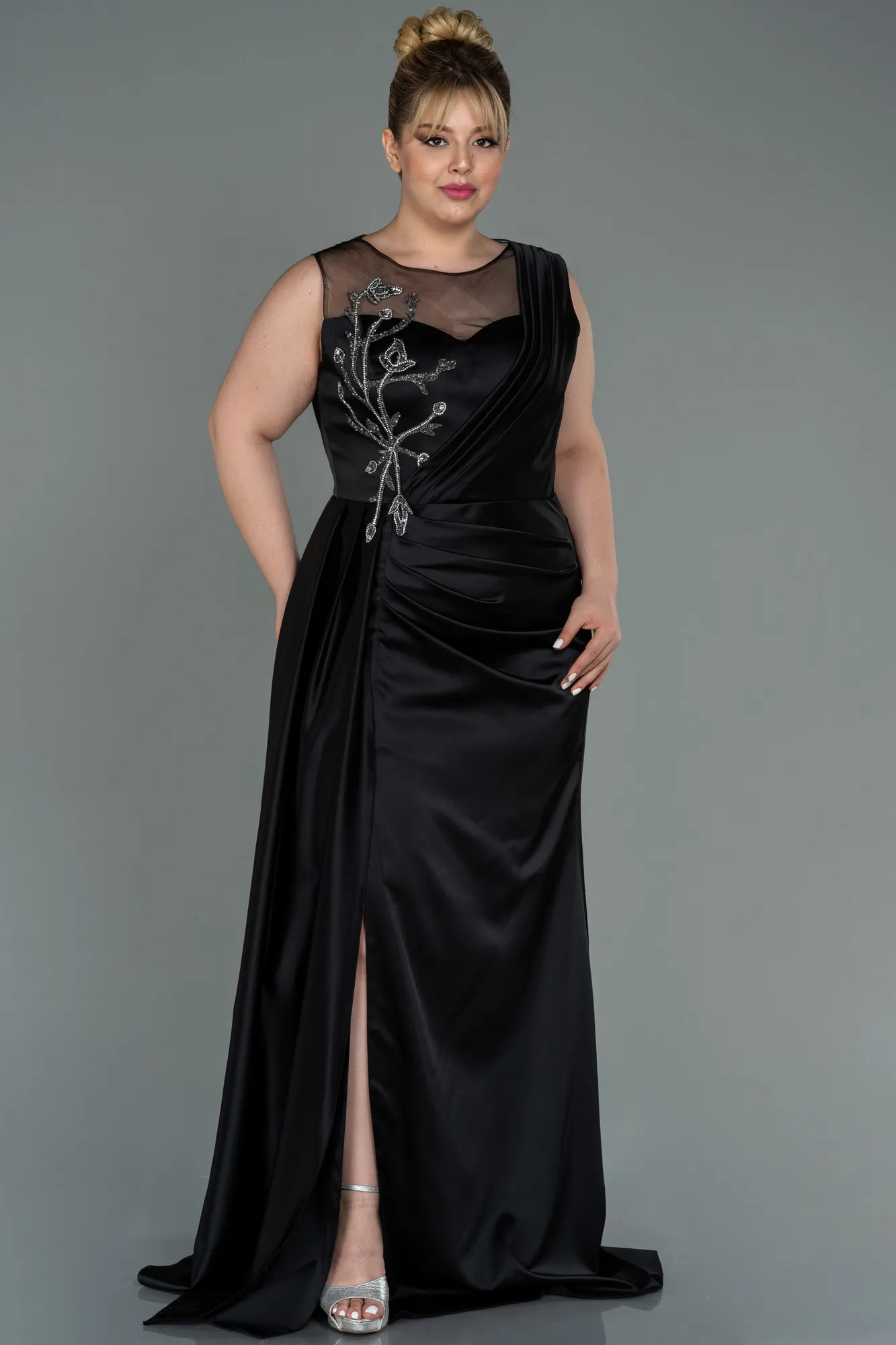 Black-Long Satin Plus Size Evening Dress ABU3125
