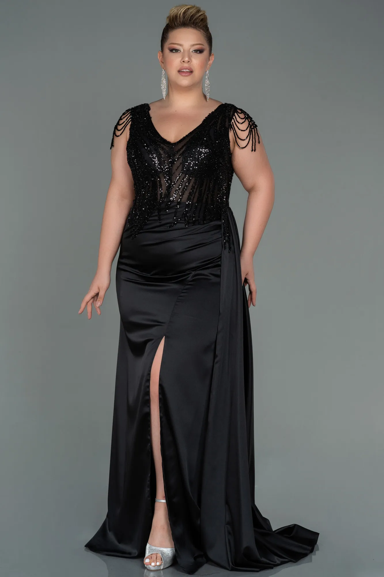 Black-Long Satin Plus Size Evening Dress ABU3169
