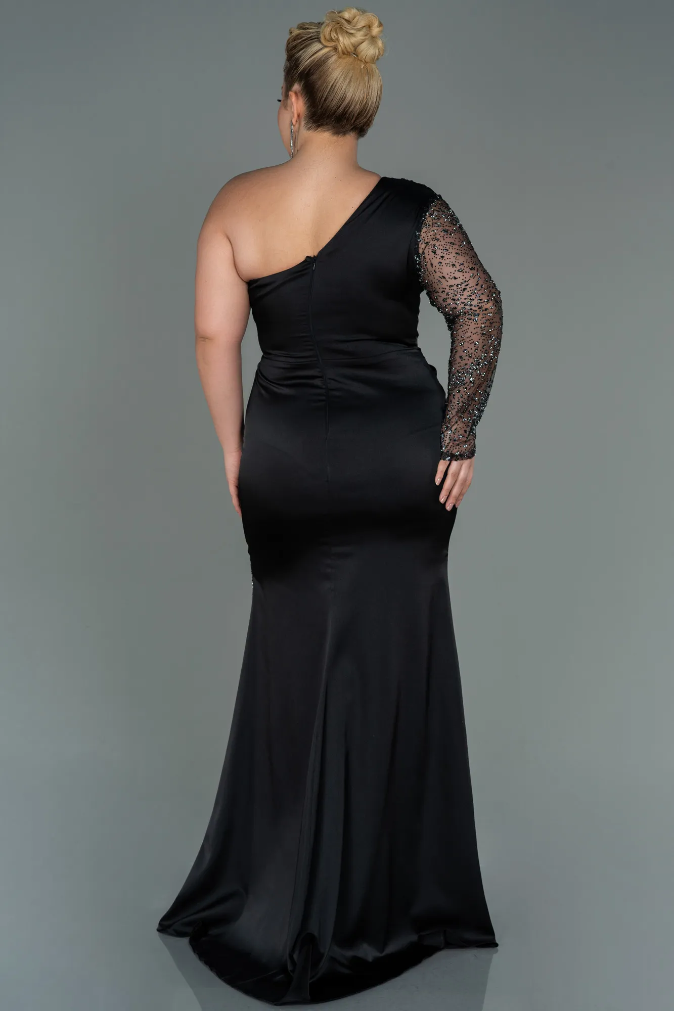 Black-Long Satin Plus Size Evening Dress ABU3170