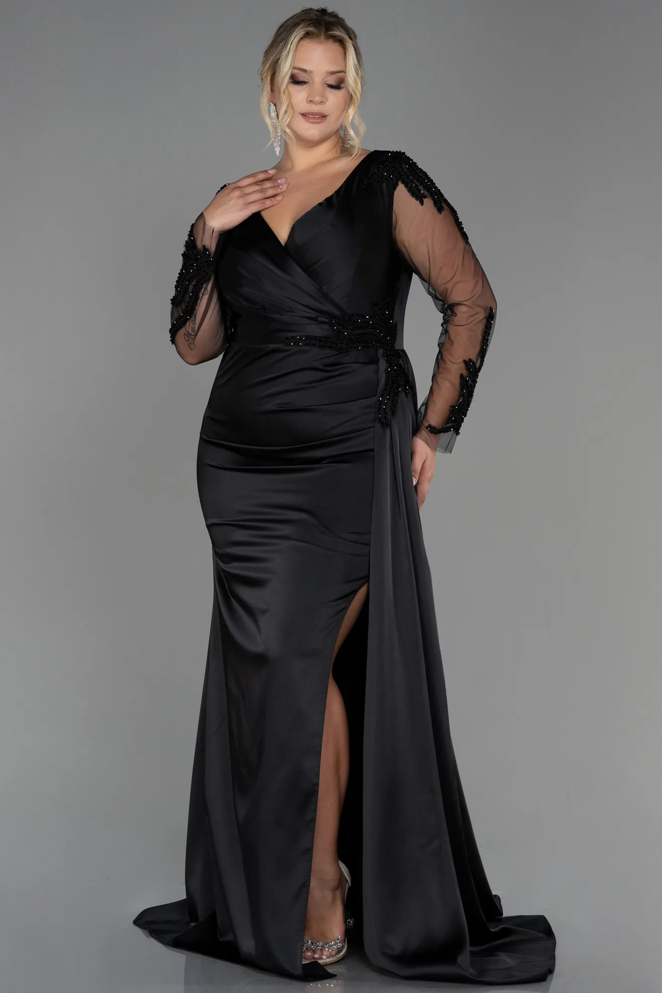 Black-Long Satin Plus Size Evening Dress ABU3223