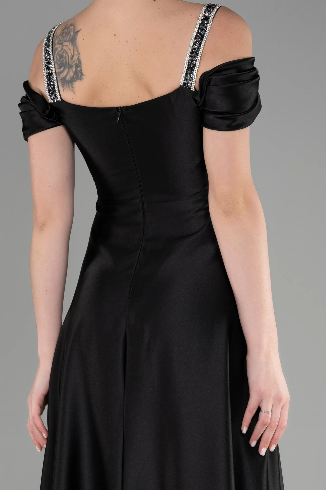 Black-Long Satin Plus Size Evening Dress ABU3277