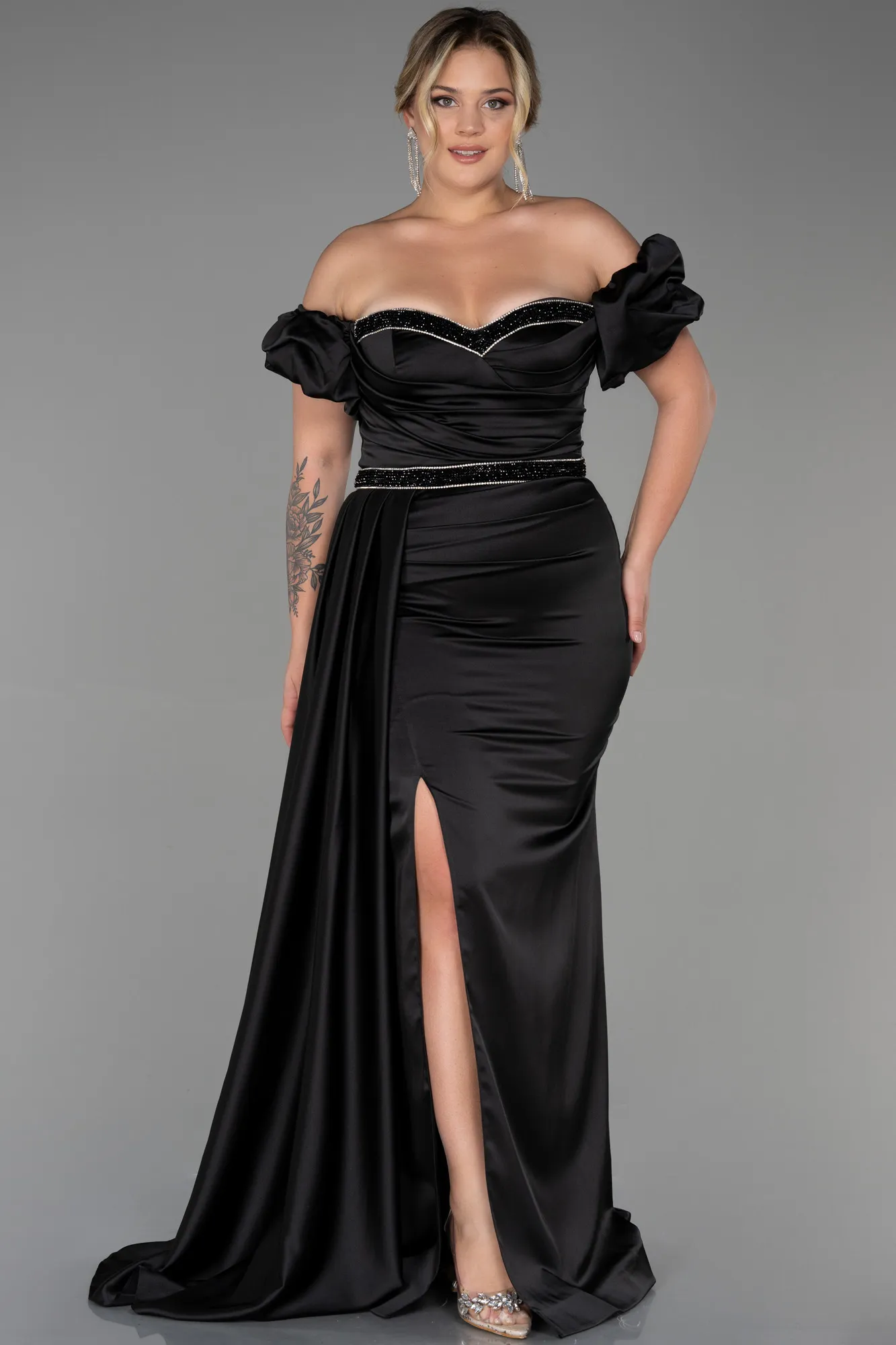 Black-Long Satin Plus Size Evening Dress ABU3332