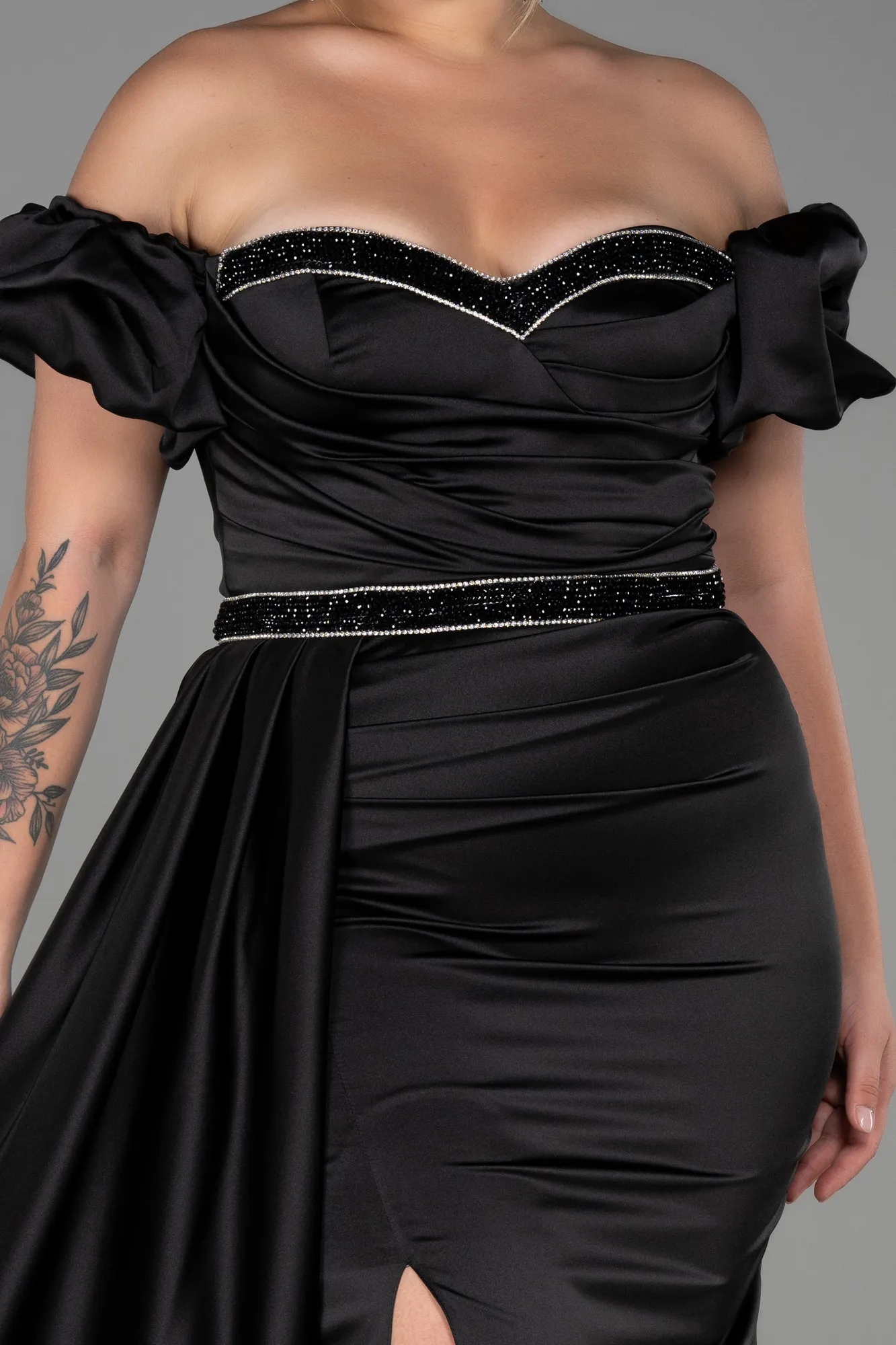 Black-Long Satin Plus Size Evening Dress ABU3332