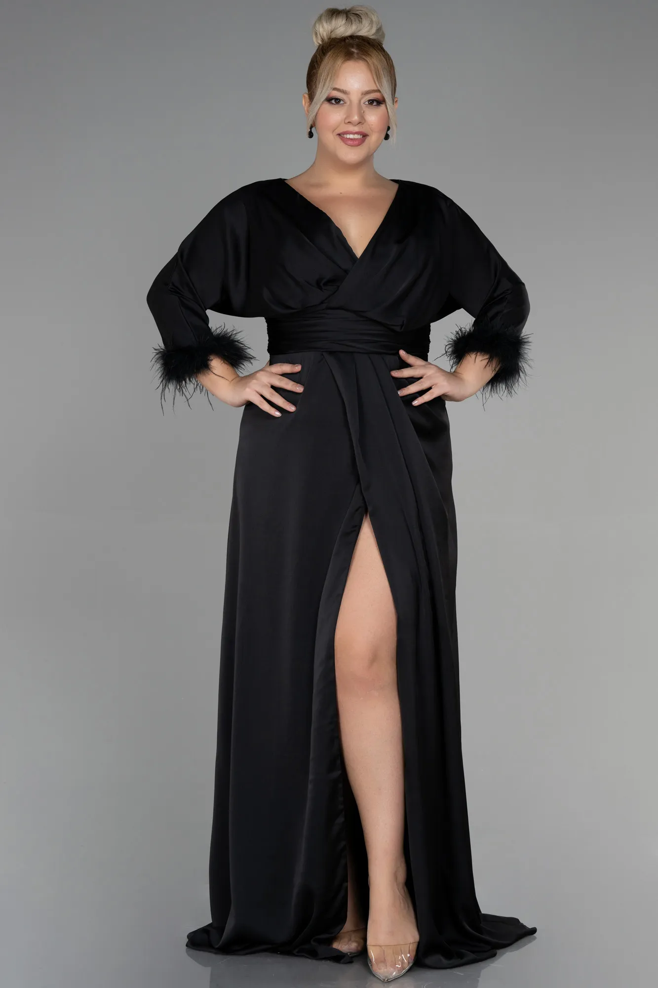 Black-Long Satin Plus Size Evening Dress ABU3367