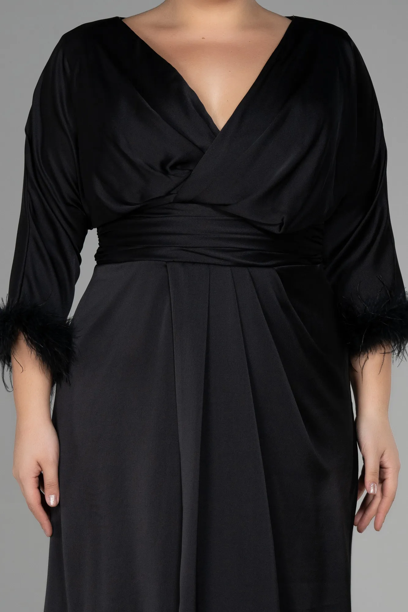 Black-Long Satin Plus Size Evening Dress ABU3367