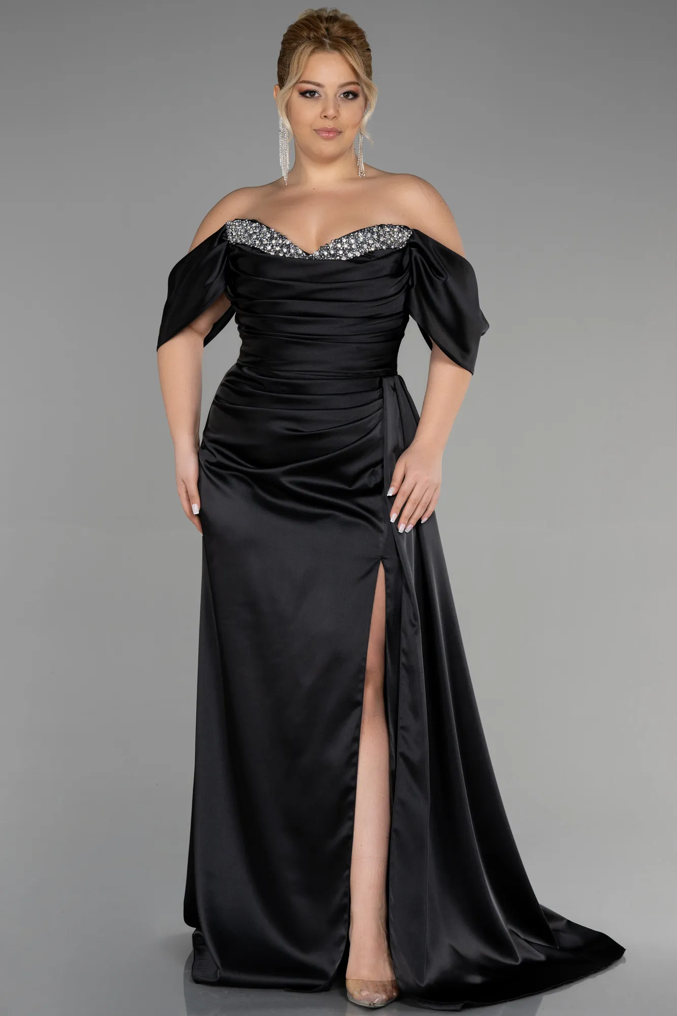Black-Long Satin Plus Size Evening Dress ABU3469