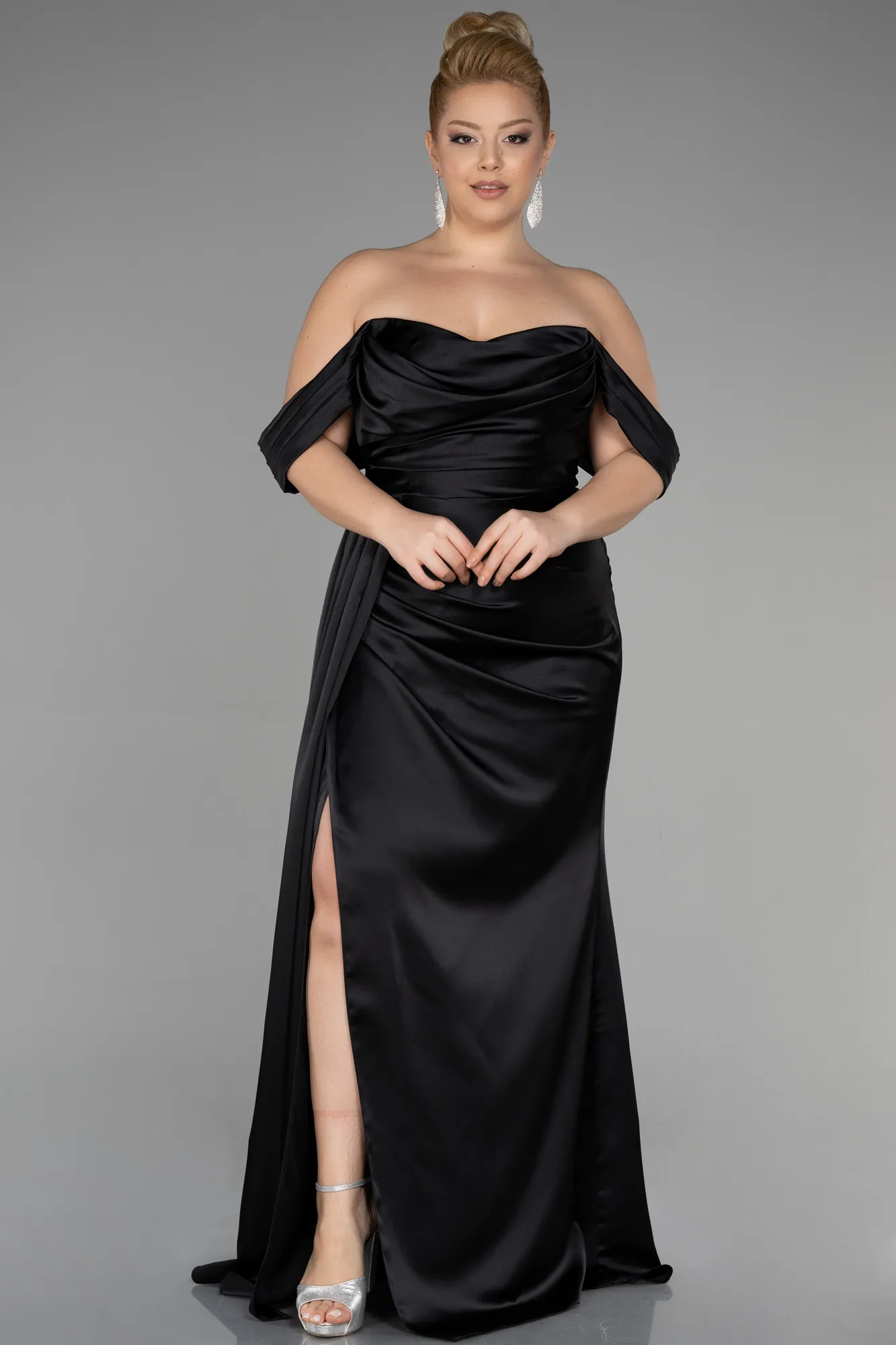 Black-Long Satin Plus Size Evening Dress ABU3515