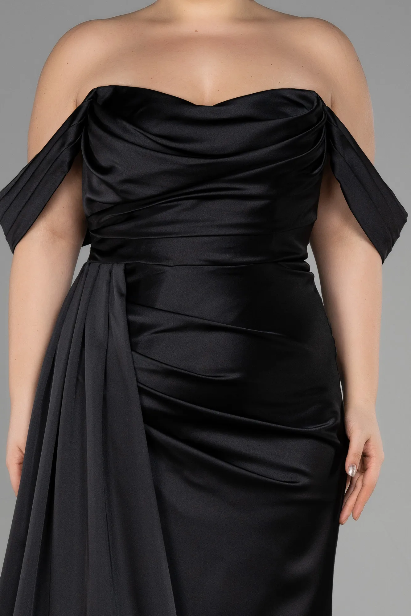 Black-Long Satin Plus Size Evening Dress ABU3515