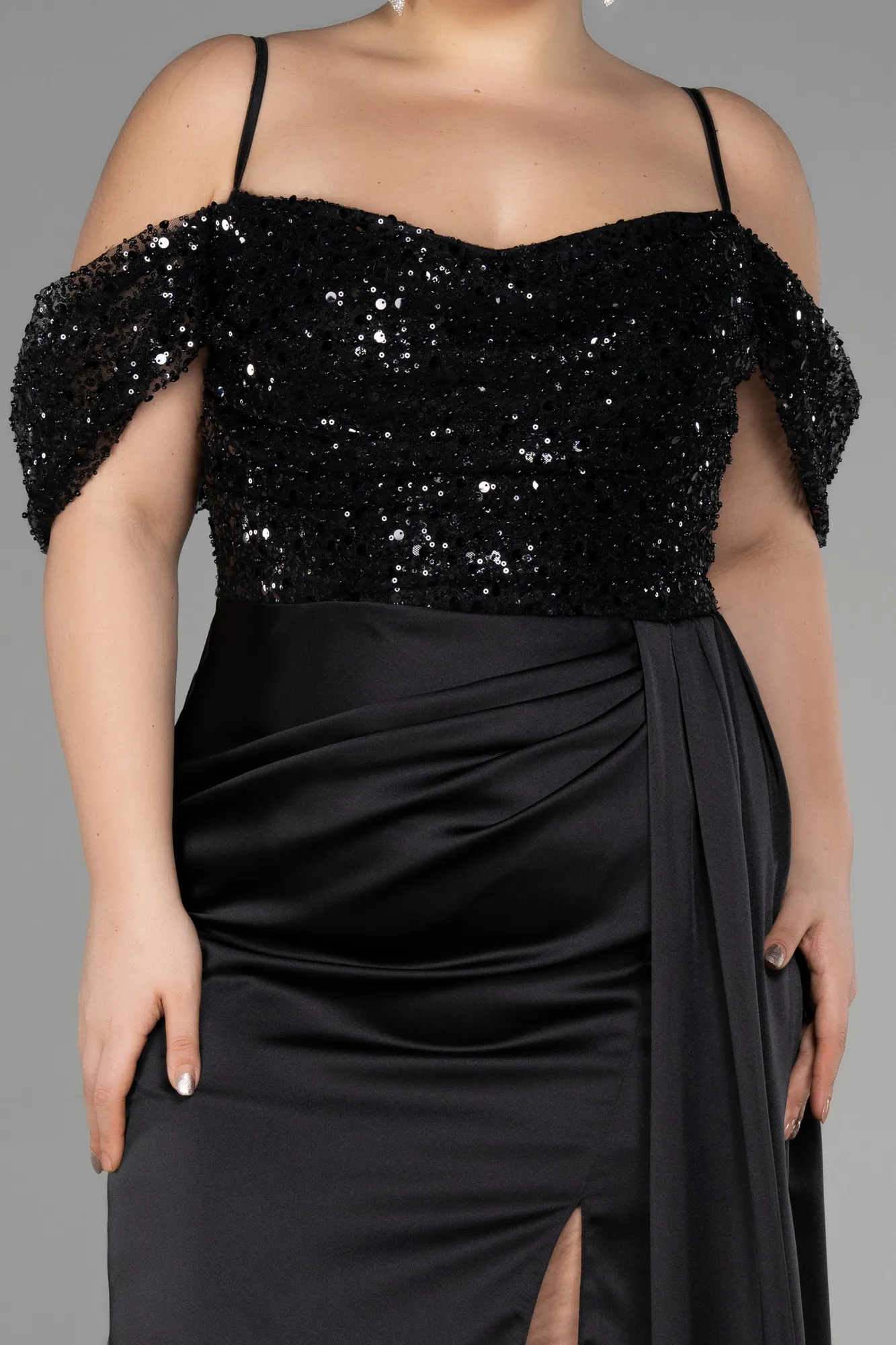 Black-Long Satin Plus Size Evening Dress ABU3522