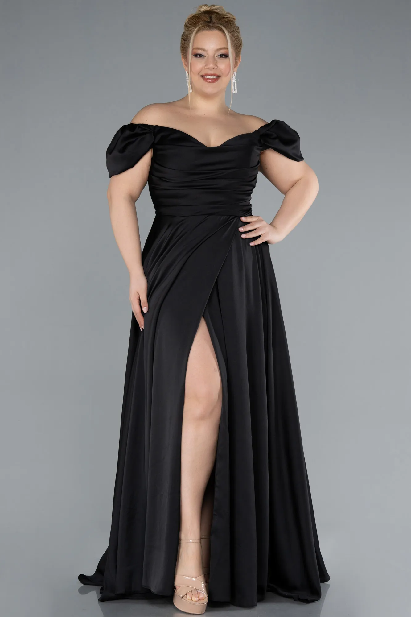 Black-Long Satin Plus Size Evening Dress ABU4576