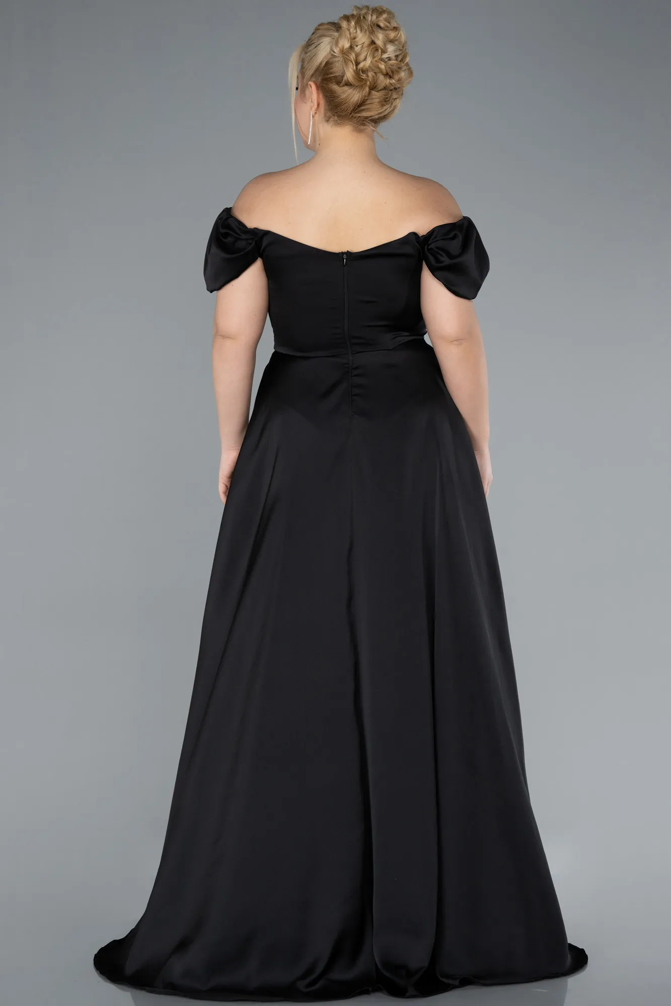 Black-Long Satin Plus Size Evening Dress ABU4576