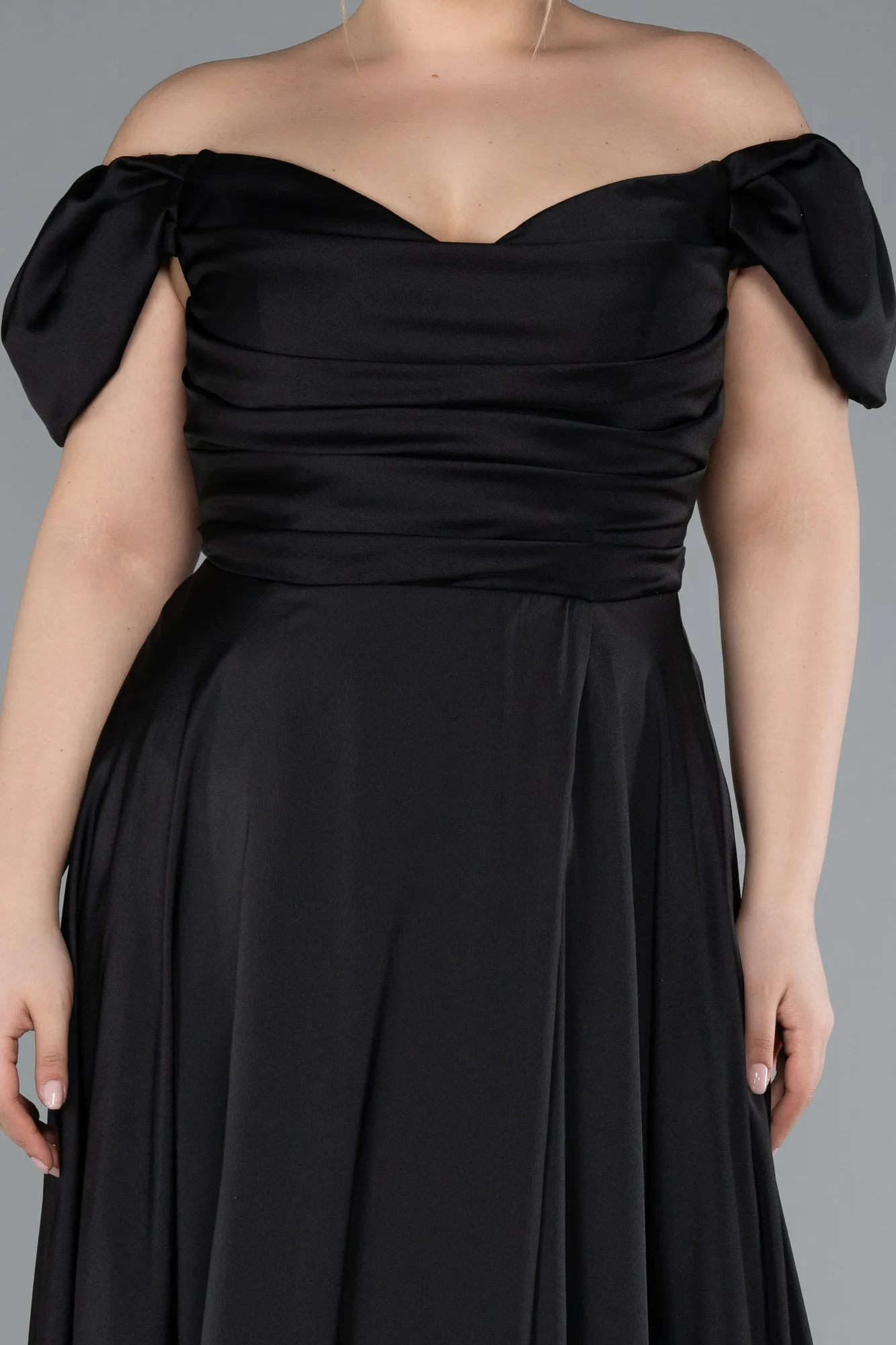 Black-Long Satin Plus Size Evening Dress ABU4576