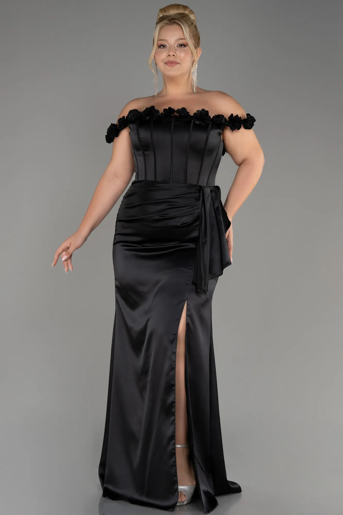 Black-Long Satin Plus Size Evening Gown ABU4046