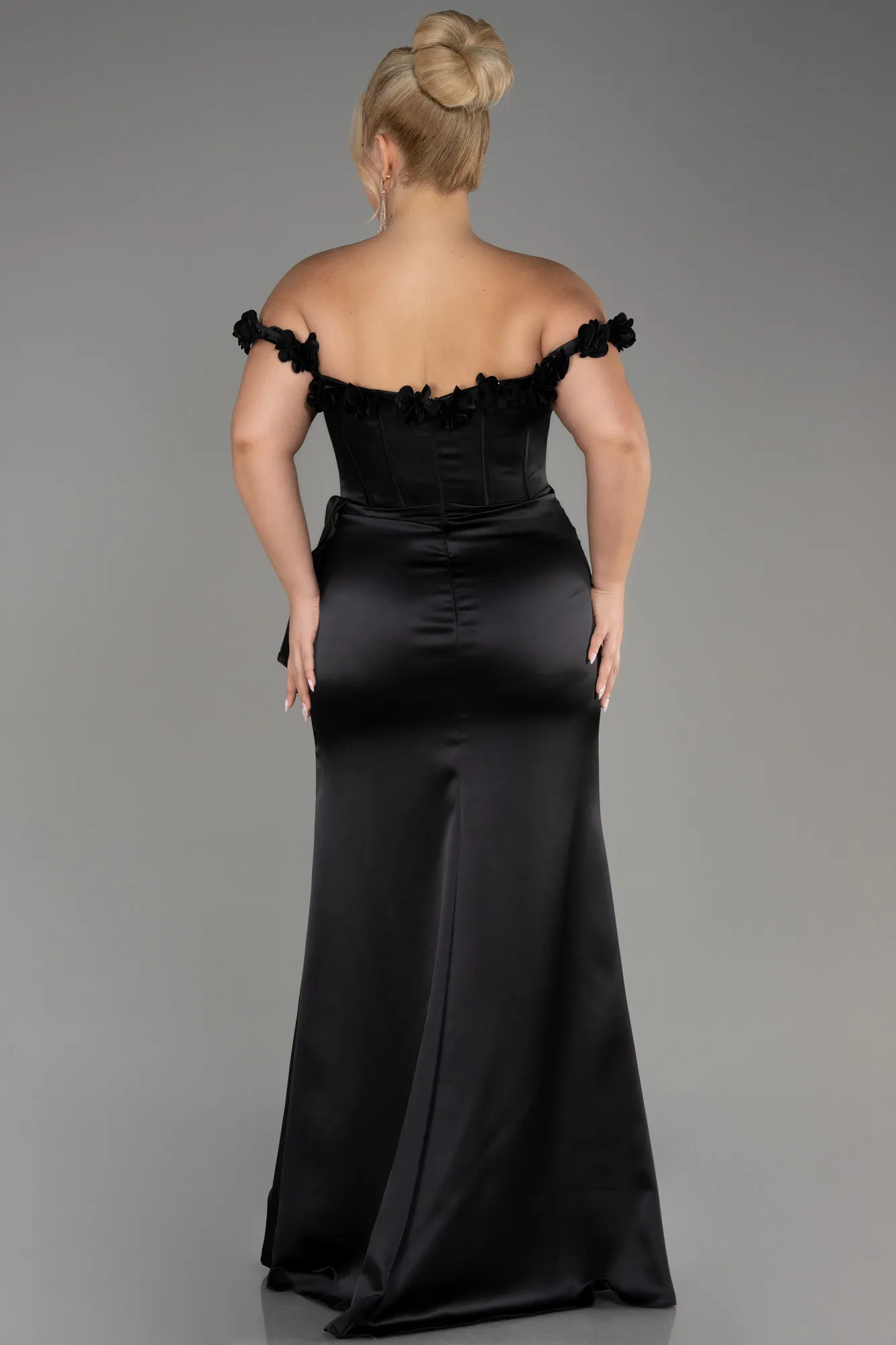 Black-Long Satin Plus Size Evening Gown ABU4046