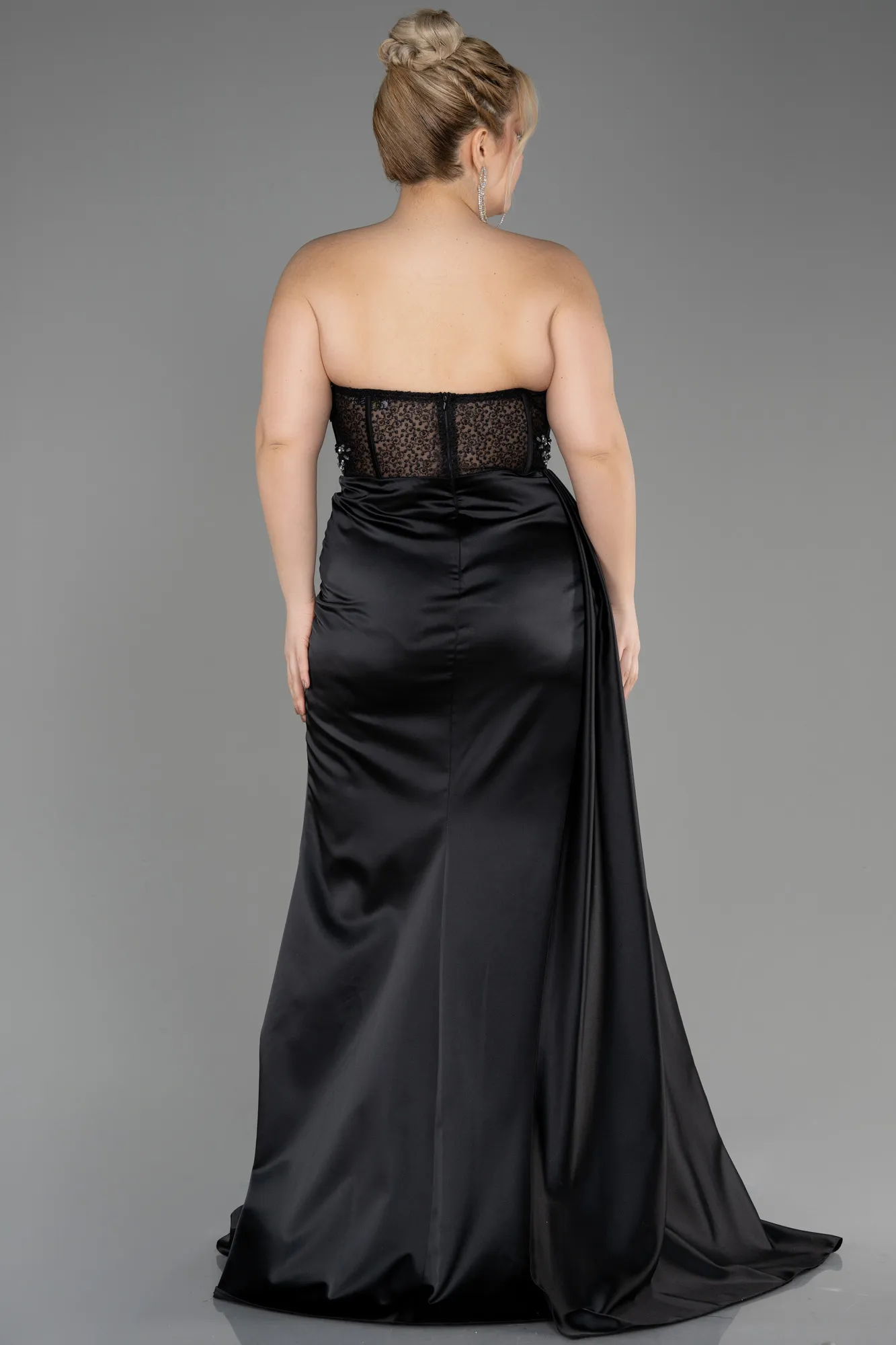 Black-Long Satin Plus Size Prom Dress ABU3855