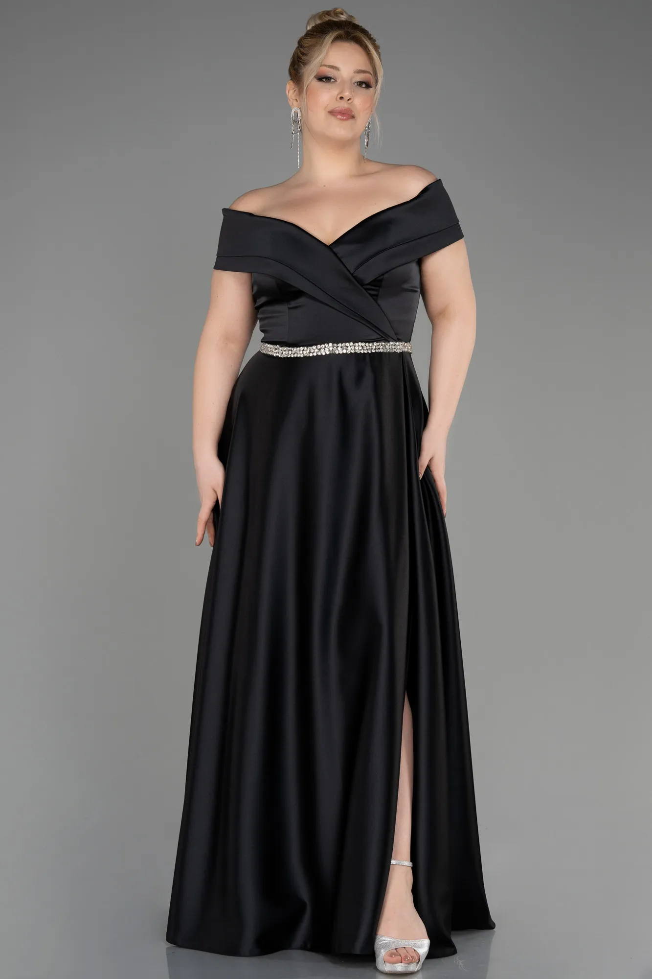 Black-Long Satin Plus Size Wedding Dress ABU3801